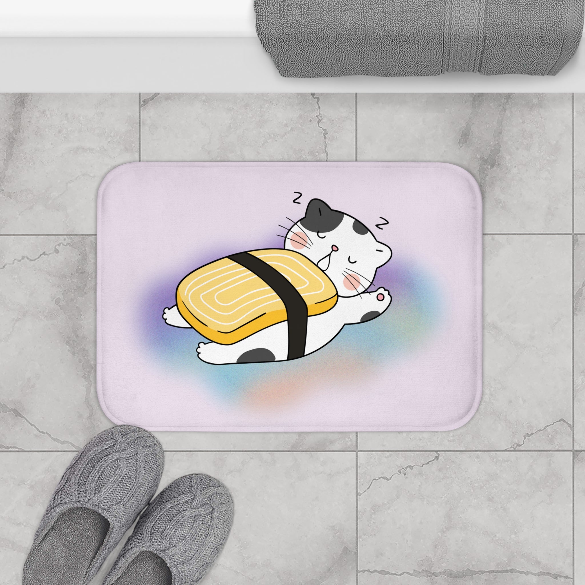 Adorable Cat Sushi Bath Mat featuring a cute sushi design with cats, soft microfiber material, and anti-slip backing.