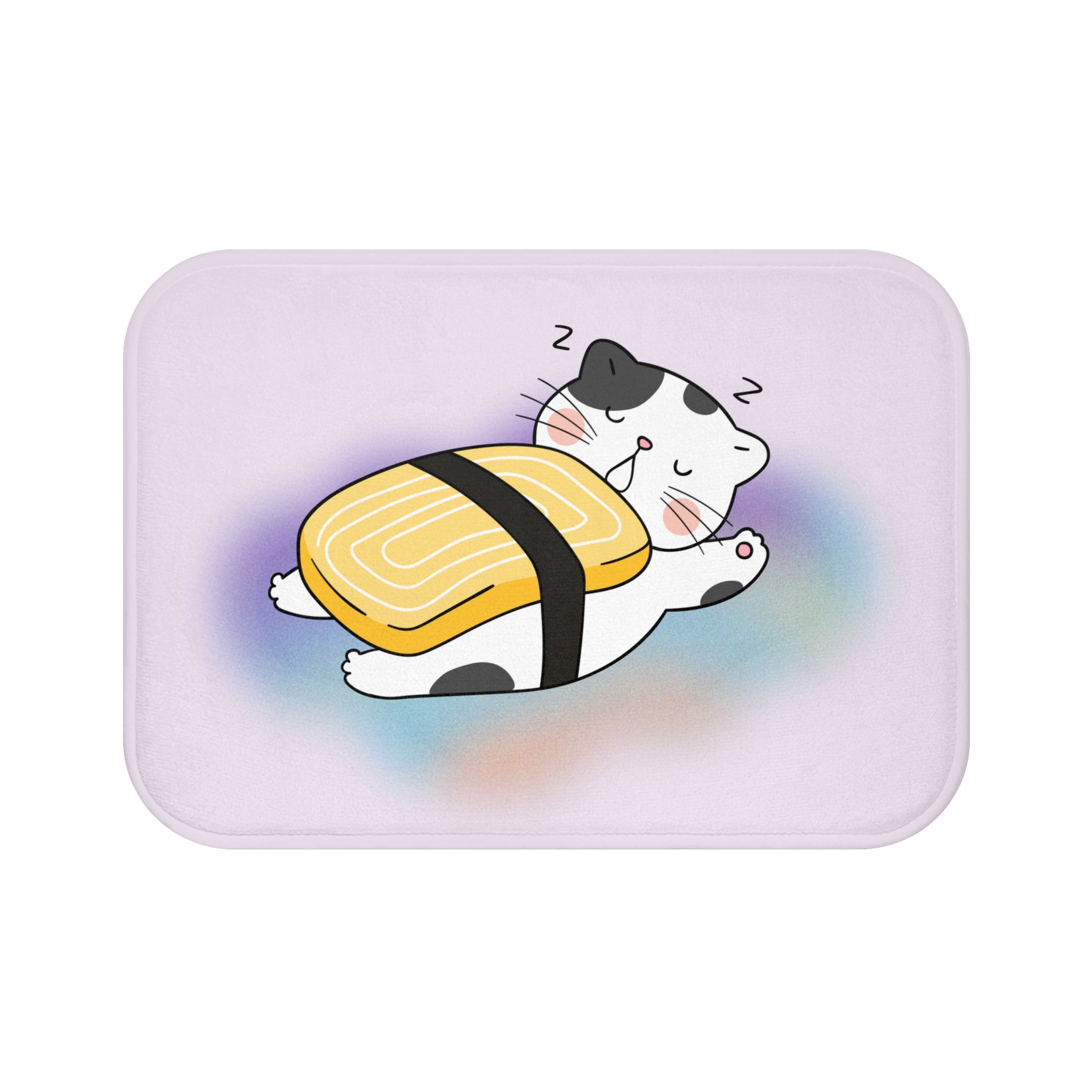Adorable Cat Sushi Bath Mat featuring a cute sushi design with cats, soft microfiber material, and anti-slip backing.