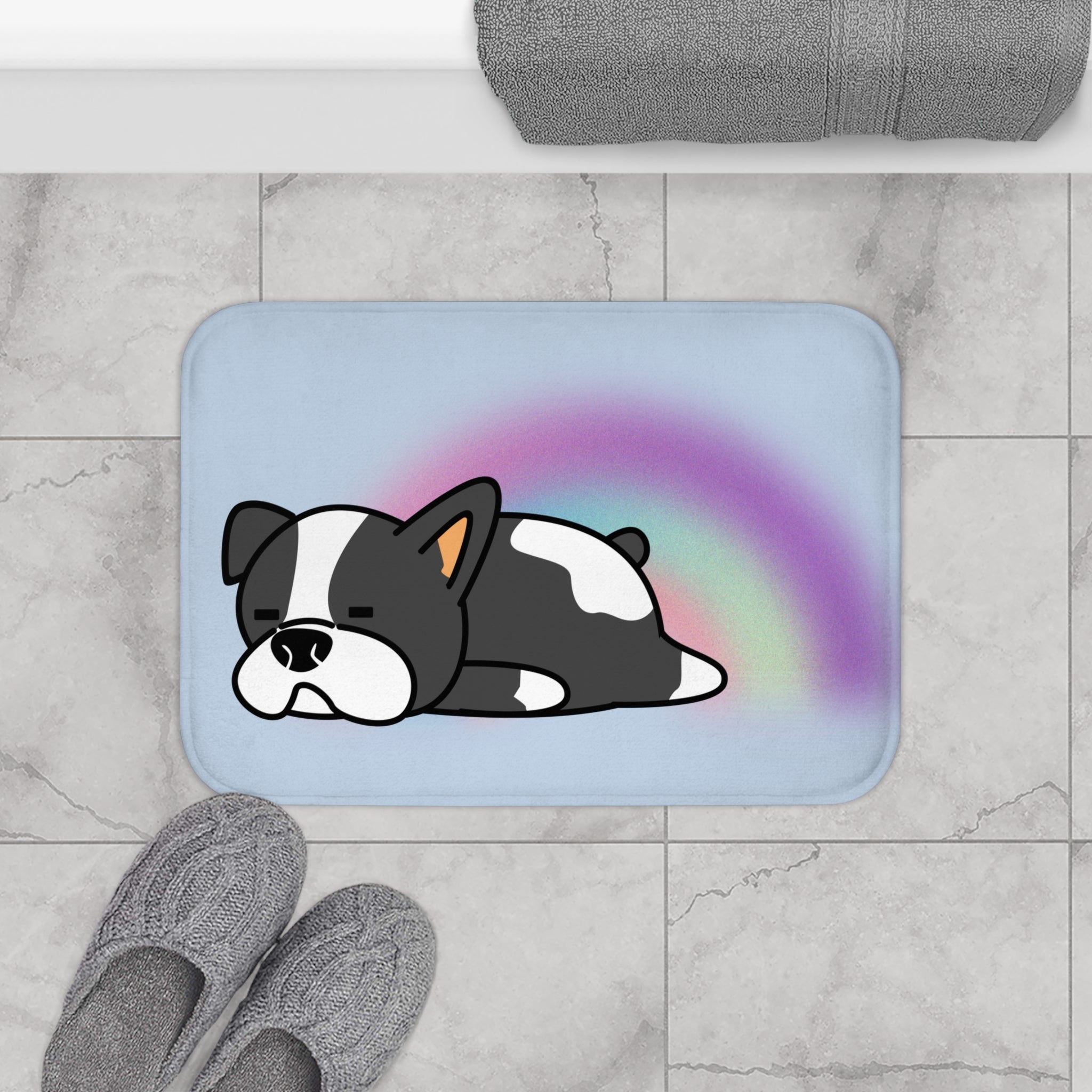 Adorable Sleeping Puppy Bath Mat featuring a cute puppy design with anti-slip backing, perfect for bathroom decor.