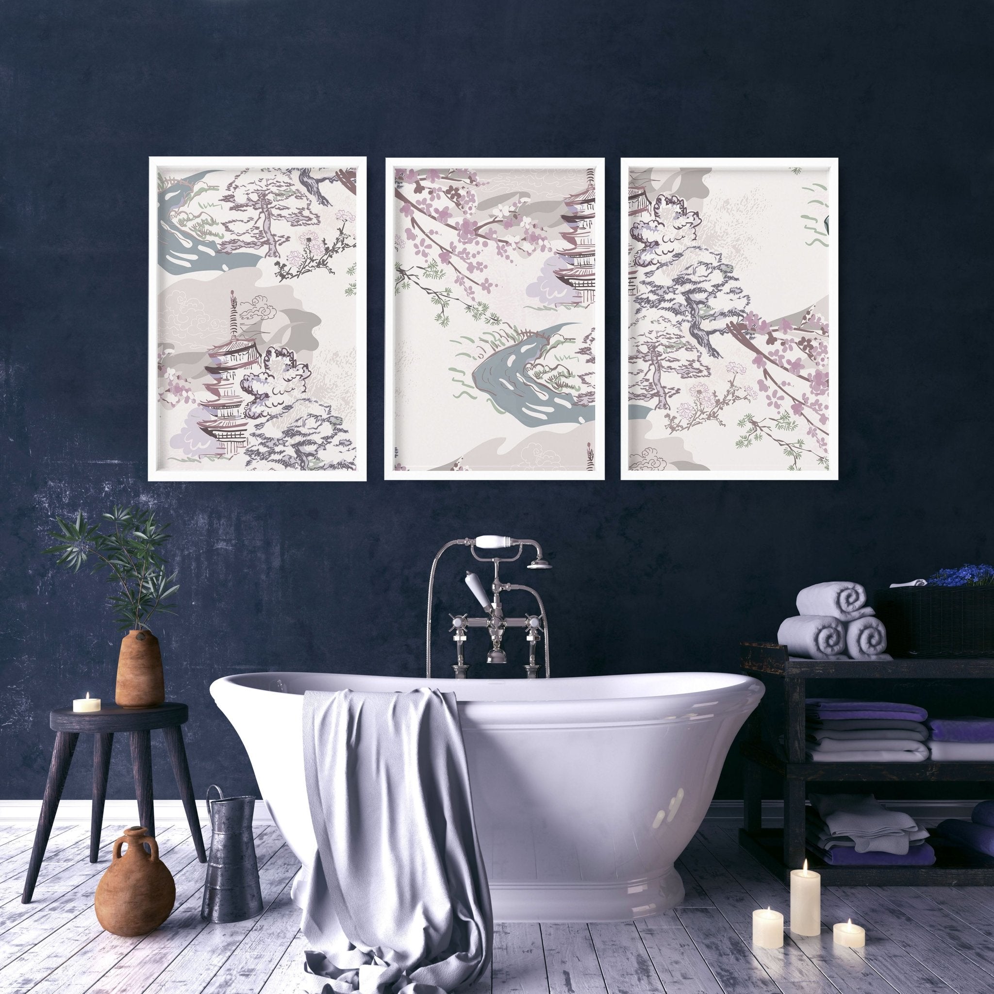 Set of 3 Chinoiserie-inspired wall prints for bathroom decor featuring lavender, light blue, and ivory colors.