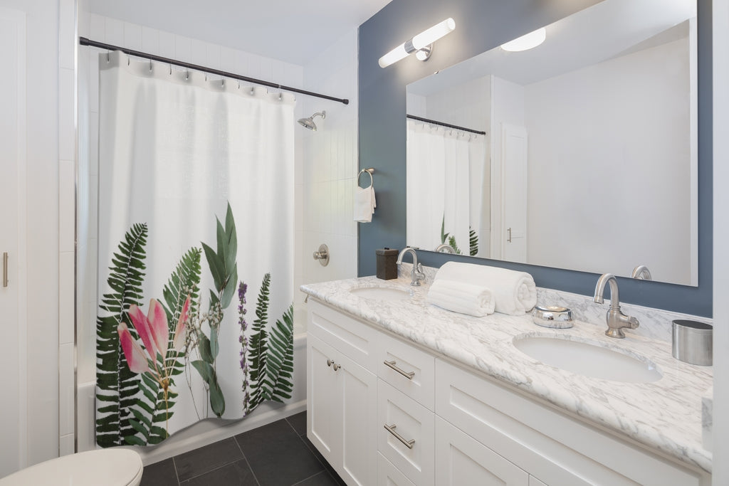 Assorted Floral Shower Curtains featuring vibrant floral patterns on a white background, showcasing their quality and design.