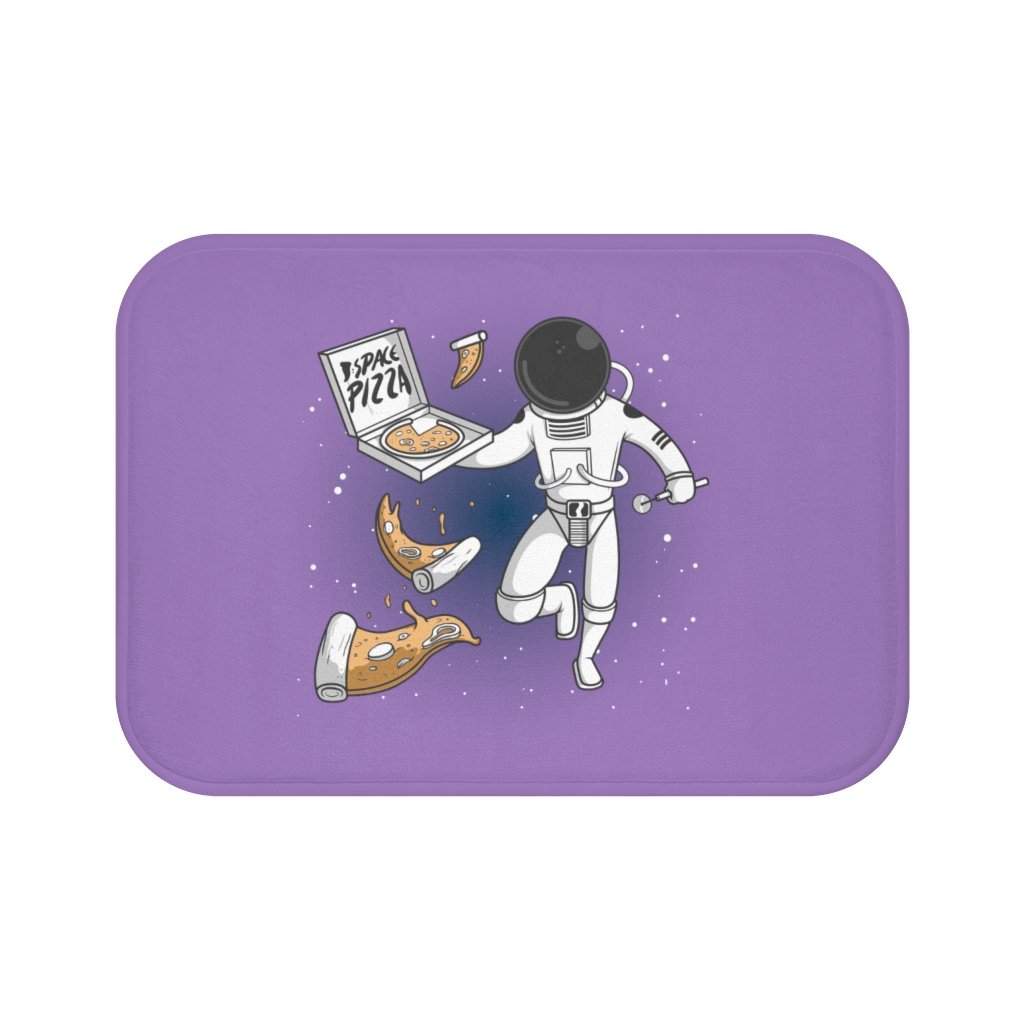 A colorful bath mat featuring an astronaut eating pizza in space, designed for safety and comfort.