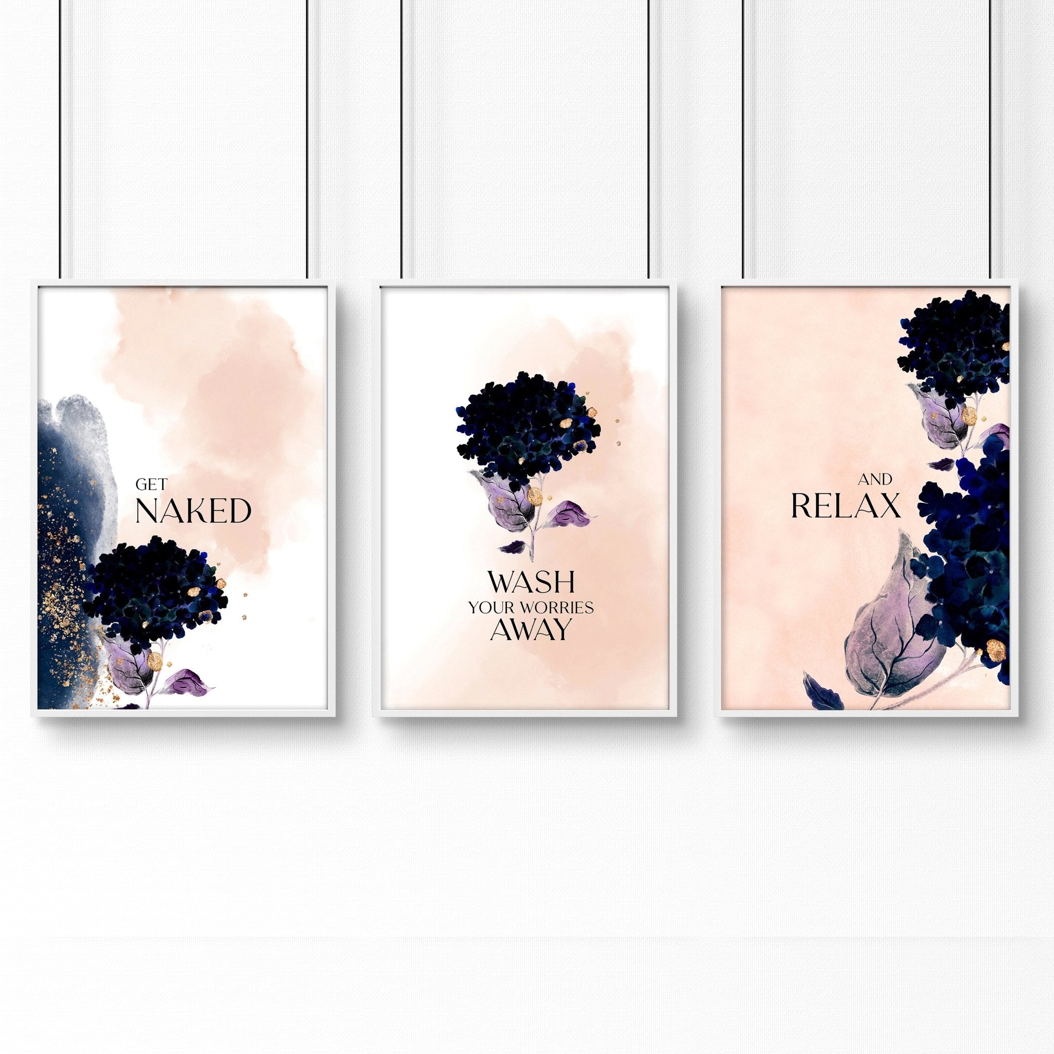 Set of 3 framed shabby chic wall art prints for bathroom decor featuring vintage-inspired designs in pink, navy, and gold colors.