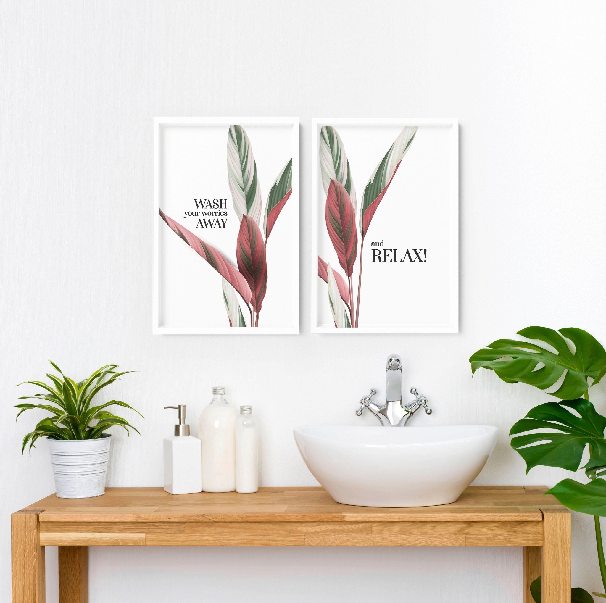 Set of 2 tropical art prints featuring vibrant pink and green colors, perfect for bathroom decor.