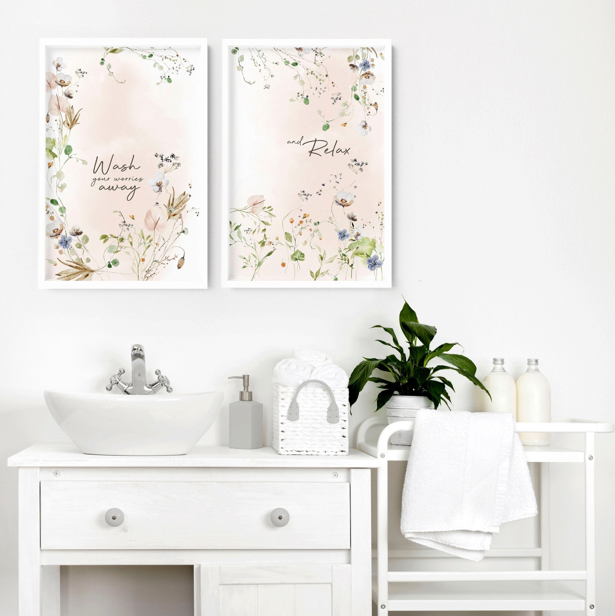 Set of 2 shabby chic floral wall art prints featuring delicate pink blooms on a soft background, perfect for bathroom decor.