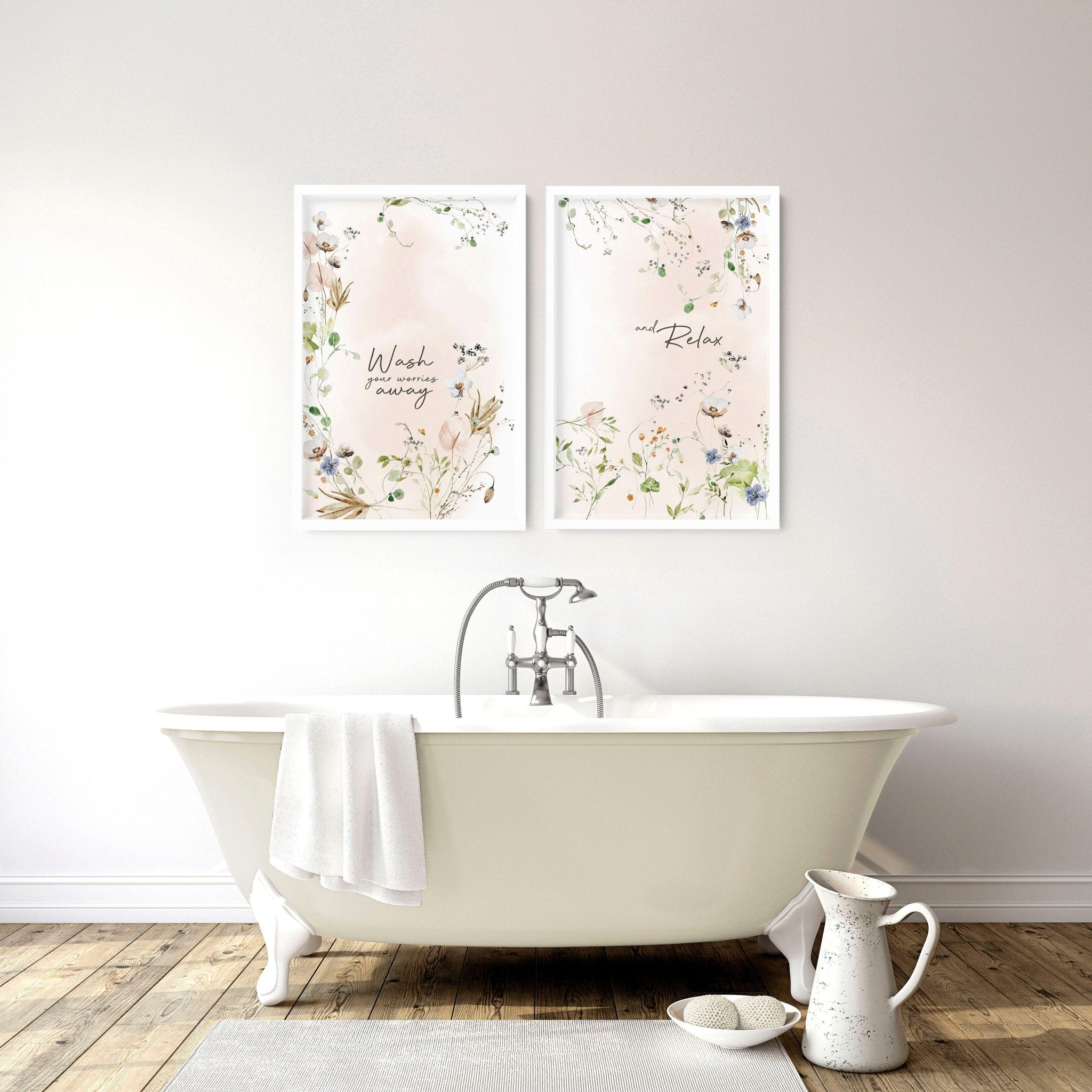 Set of 2 shabby chic floral wall art prints featuring delicate pink blooms on a soft background, perfect for bathroom decor.