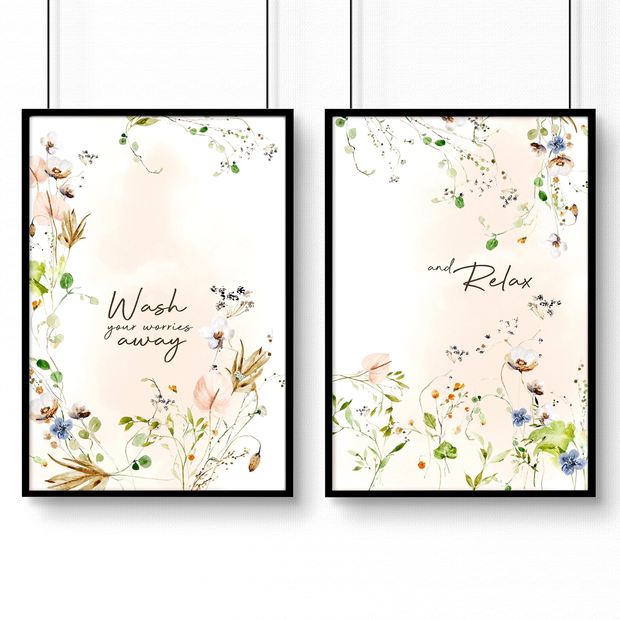 Set of 2 shabby chic floral wall art prints featuring delicate pink blooms on a soft background, perfect for bathroom decor.