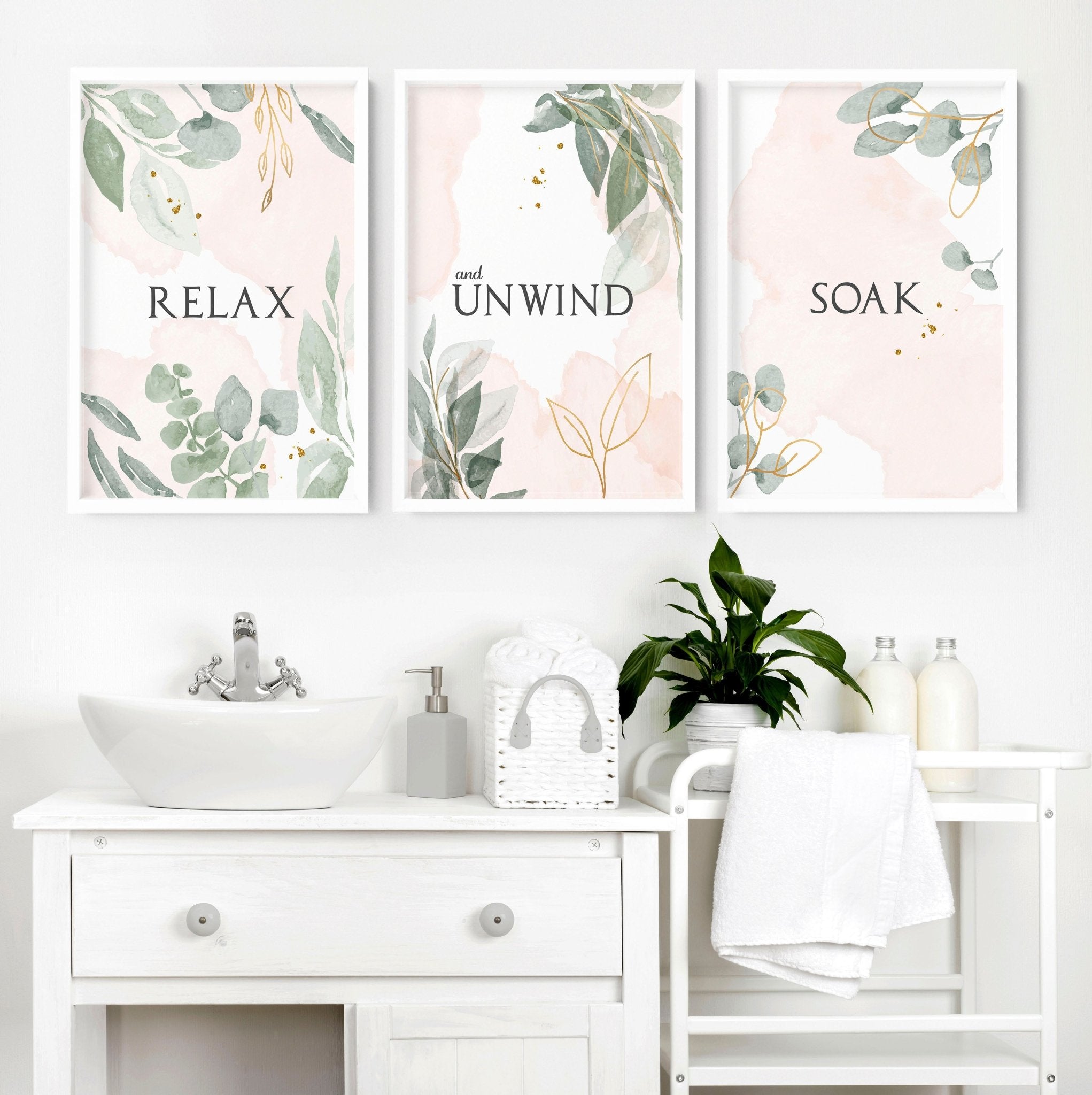 Set of 3 pink and sage green art prints for bathroom decor, showcasing vibrant colours and elegant design.