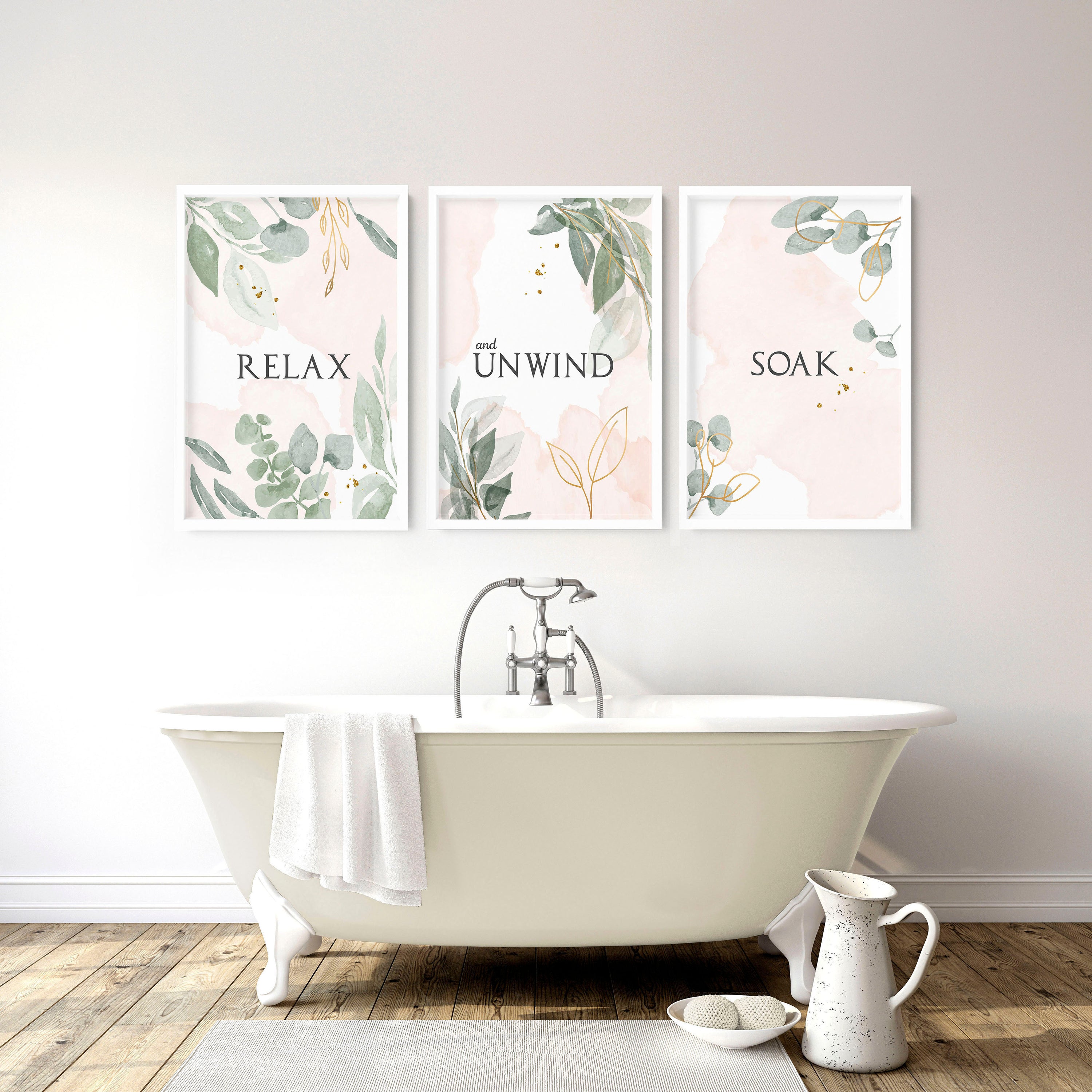 Set of 3 pink and sage green art prints for bathroom decor, showcasing vibrant colours and elegant design.