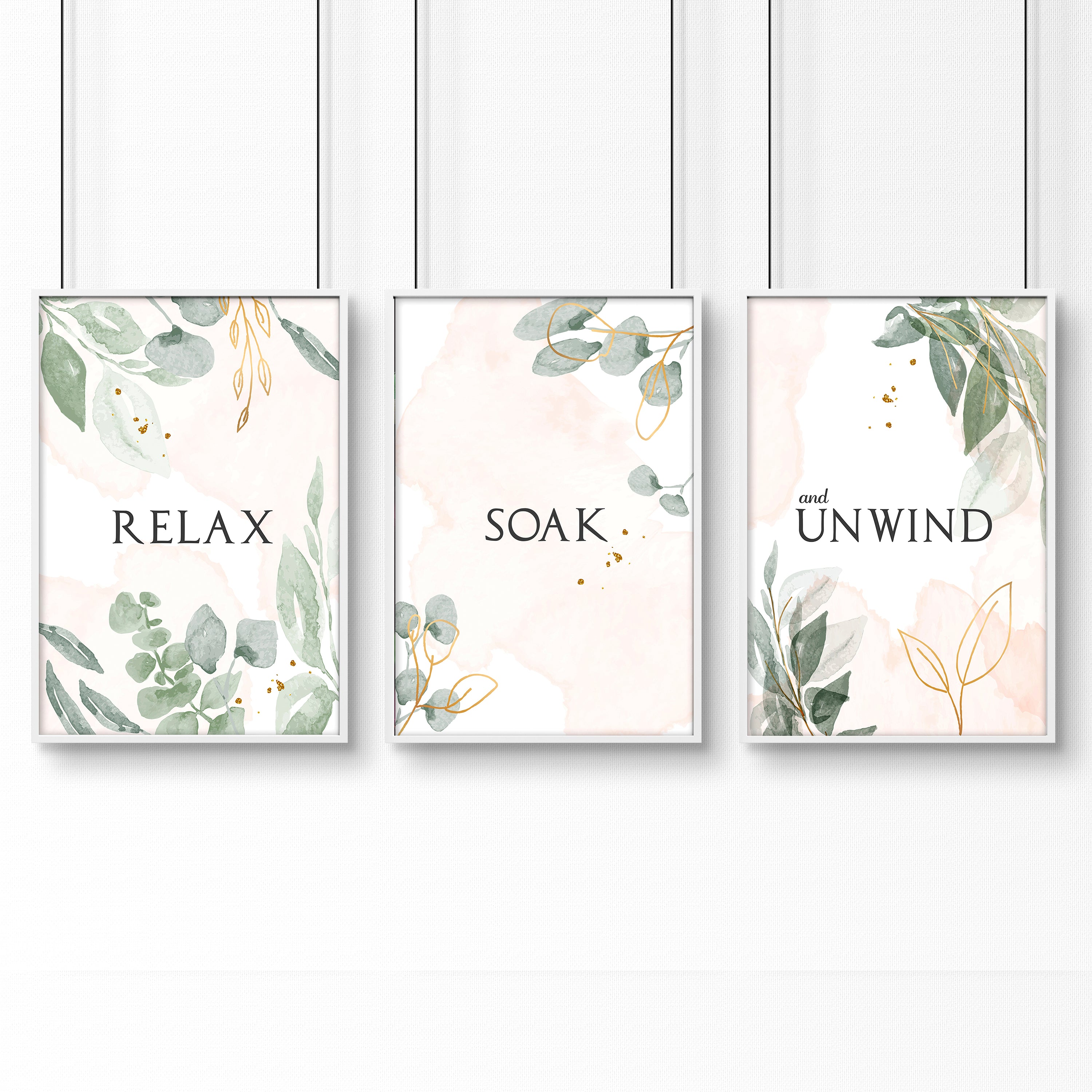 Set of 3 pink and sage green art prints for bathroom decor, showcasing vibrant colours and elegant design.