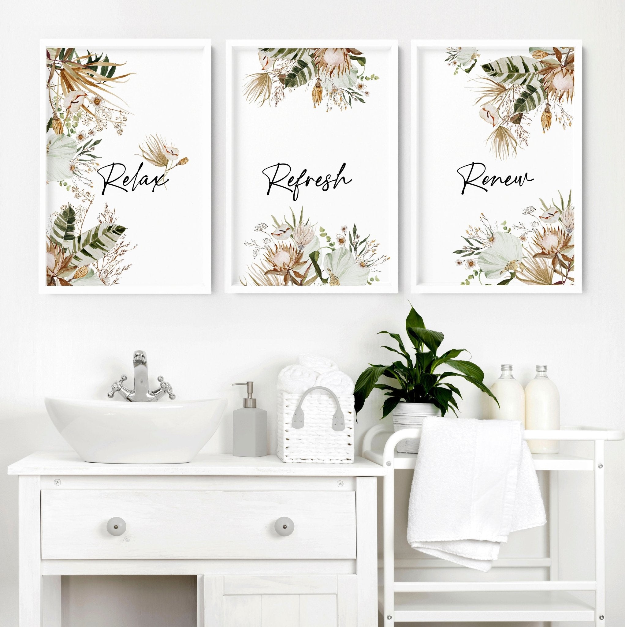 Set of 3 bohemian wall art prints featuring earth tones and green colors, perfect for bathroom decor.