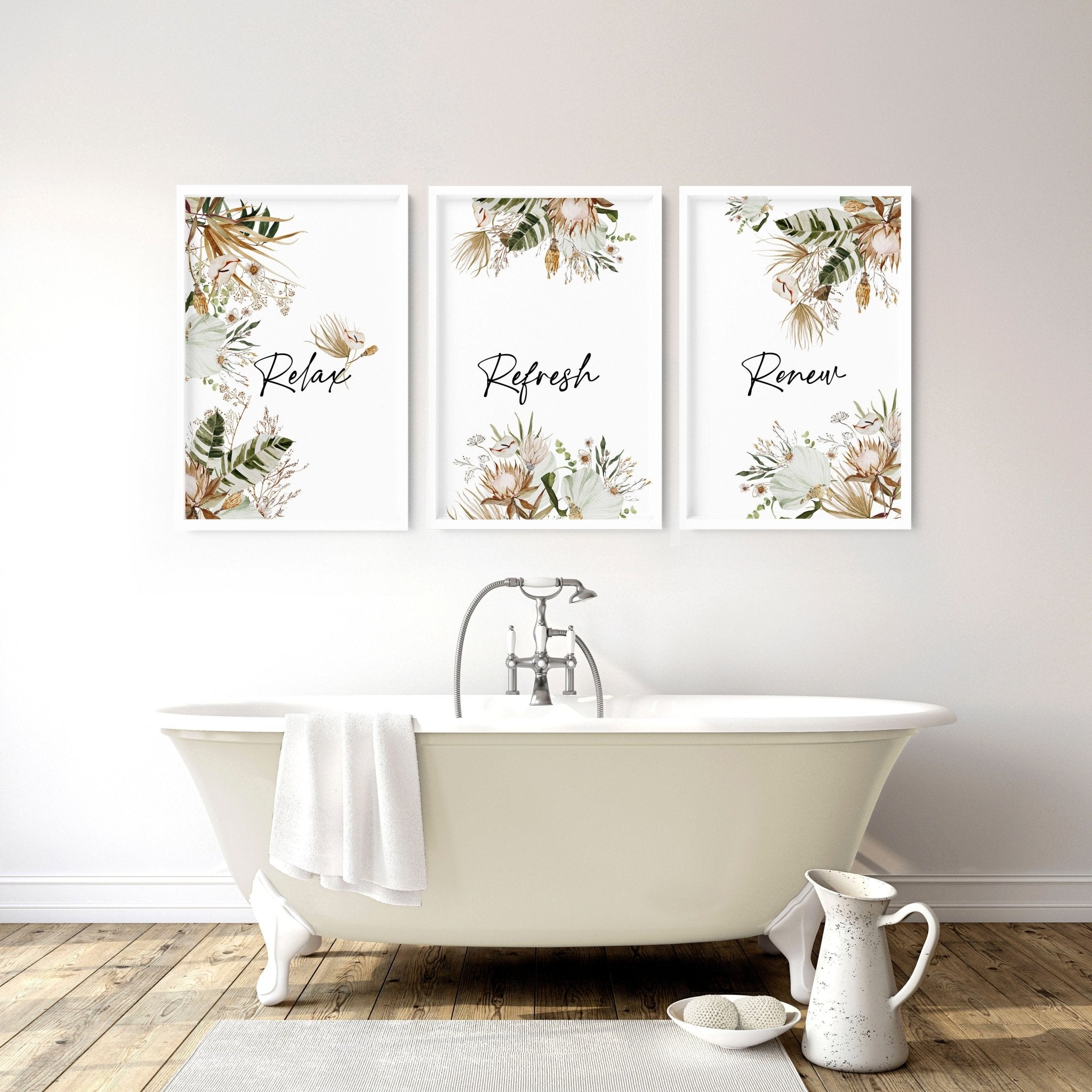 Set of 3 bohemian wall art prints featuring earth tones and green colors, perfect for bathroom decor.
