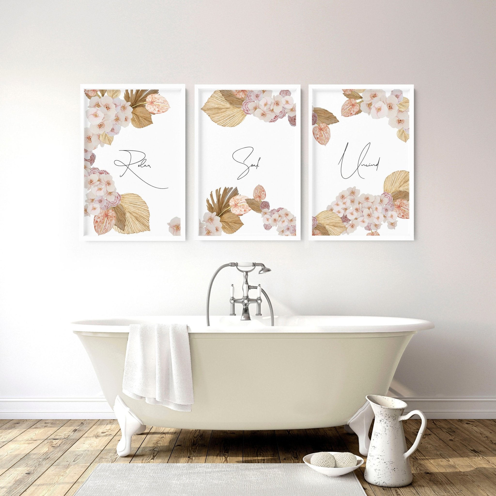Set of 3 elegant wall art prints featuring peach, blush, and grey colors, perfect for farmhouse-style bathroom decor.