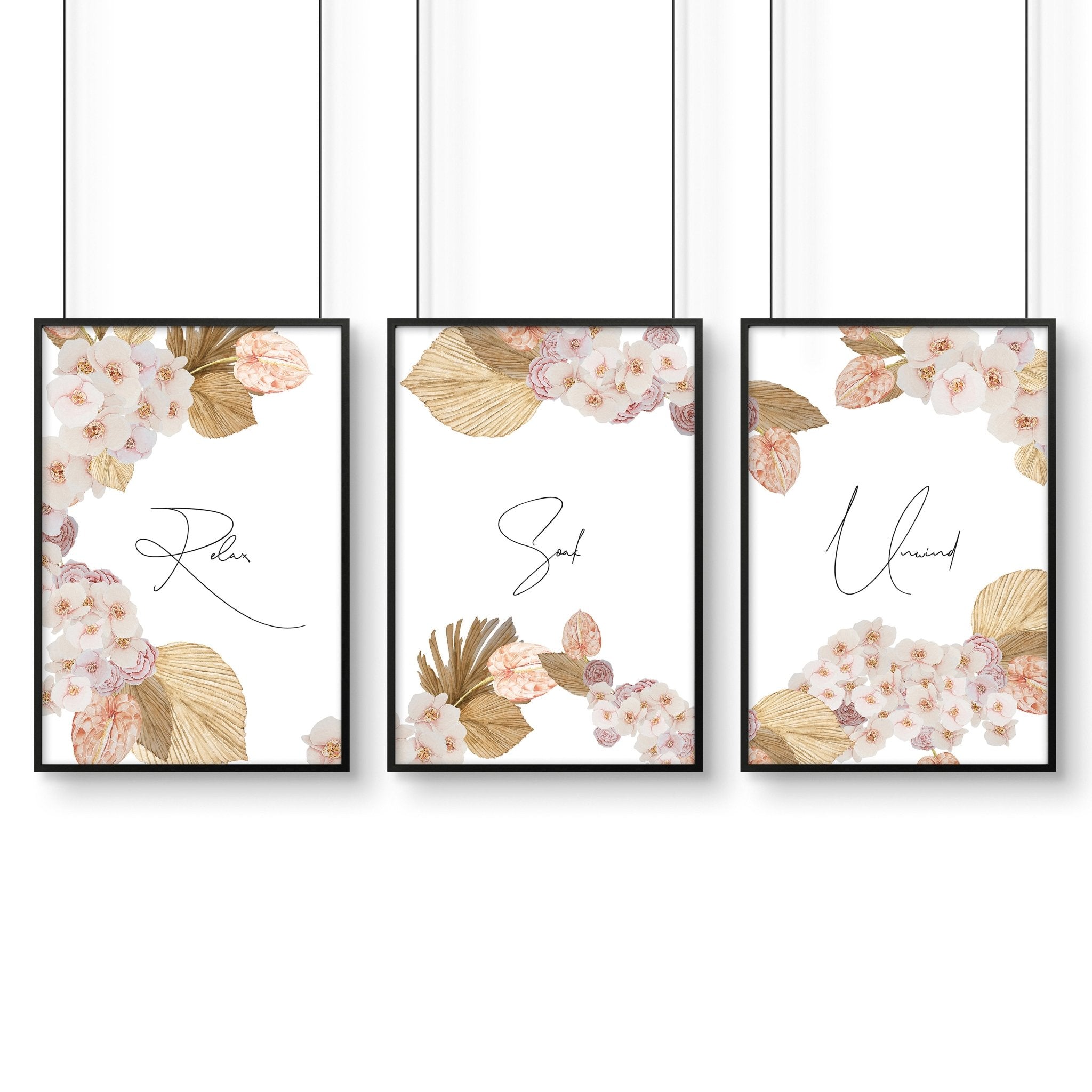 Set of 3 elegant wall art prints featuring peach, blush, and grey colors, perfect for farmhouse-style bathroom decor.