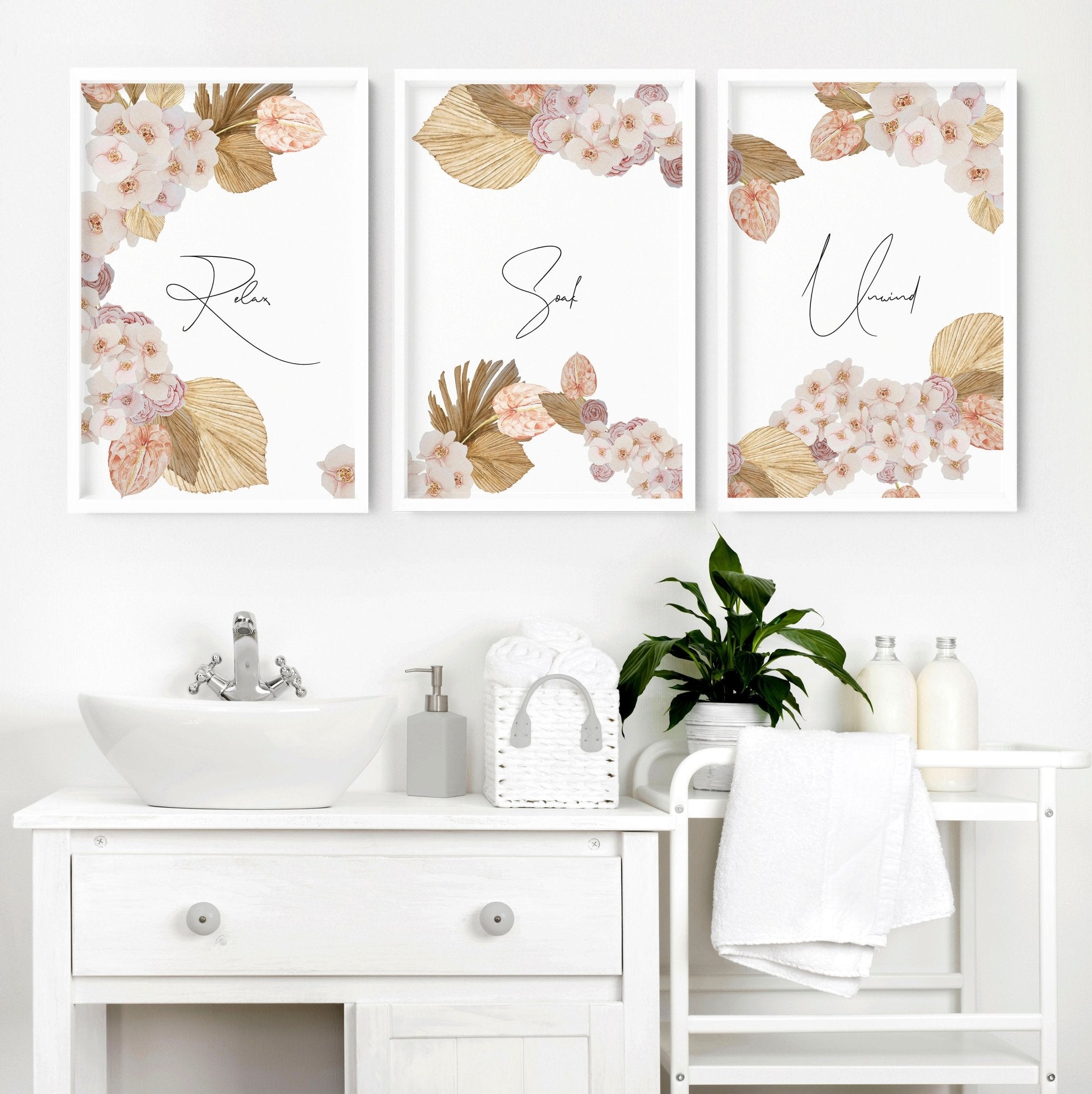 Set of 3 elegant wall art prints featuring peach, blush, and grey colors, perfect for farmhouse-style bathroom decor.