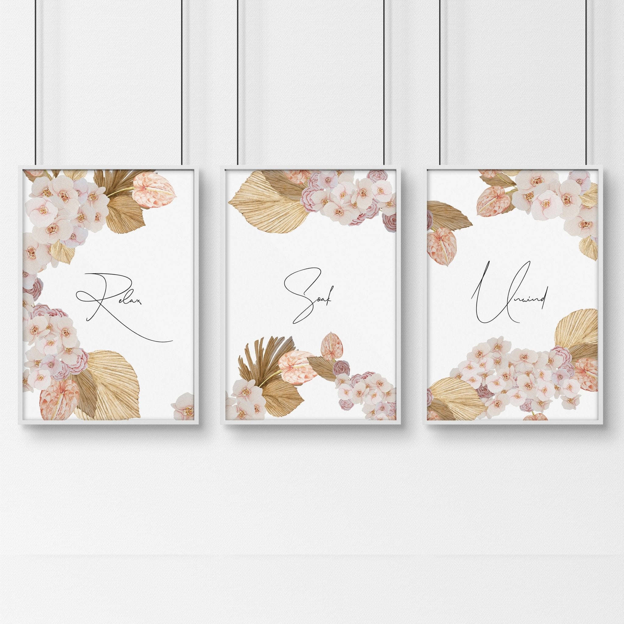 Set of 3 elegant wall art prints featuring peach, blush, and grey colors, perfect for farmhouse-style bathroom decor.