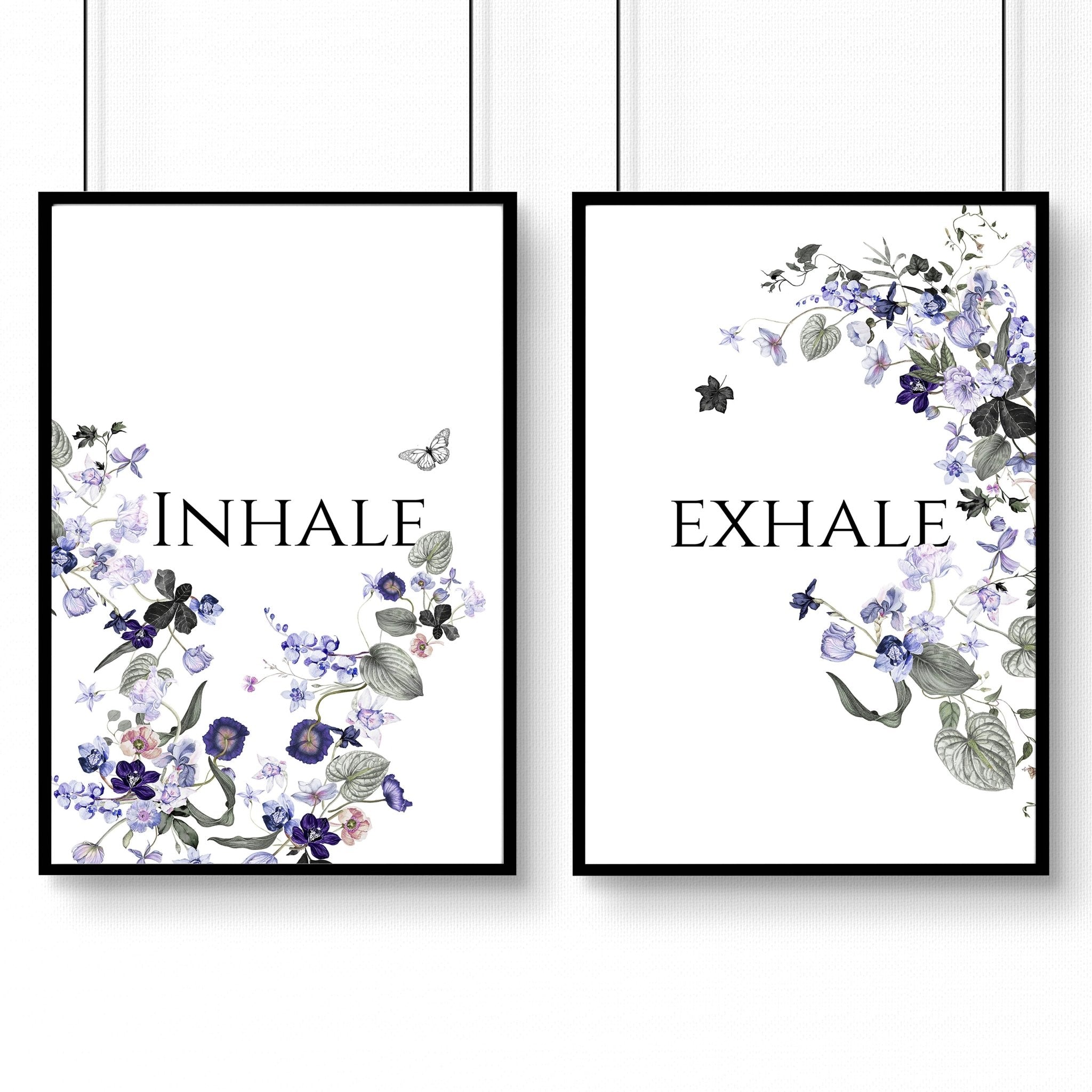 Set of 2 framed wall art prints featuring Shabby Chic floral designs in violet, lavender, lilac, and grey tones, perfect for bathroom decor.