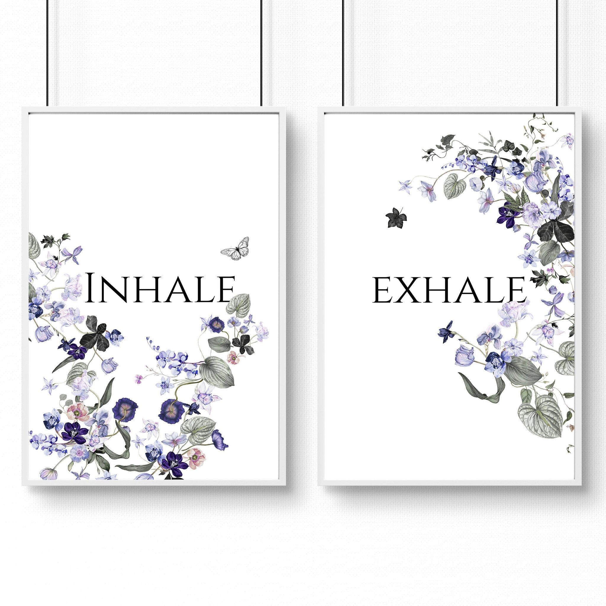 Set of 2 framed wall art prints featuring Shabby Chic floral designs in violet, lavender, lilac, and grey tones, perfect for bathroom decor.