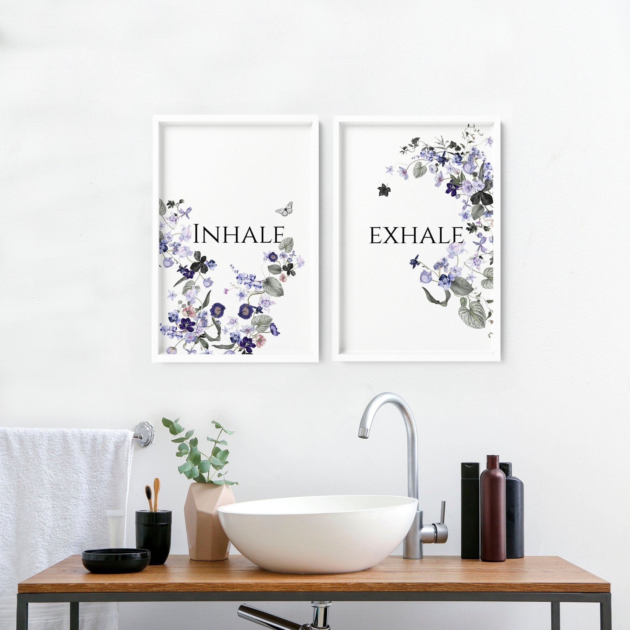 Set of 2 framed wall art prints featuring Shabby Chic floral designs in violet, lavender, lilac, and grey tones, perfect for bathroom decor.