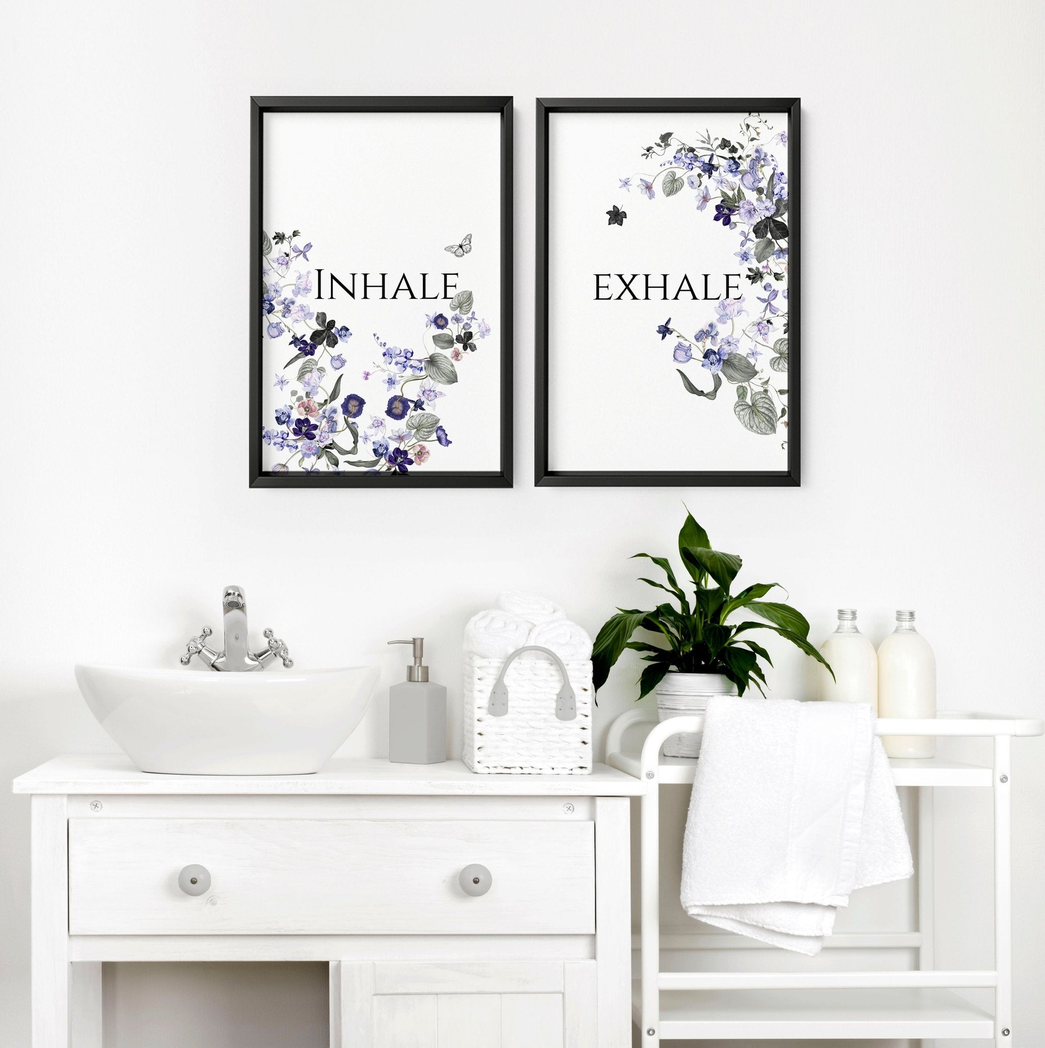 Set of 2 framed wall art prints featuring Shabby Chic floral designs in violet, lavender, lilac, and grey tones, perfect for bathroom decor.