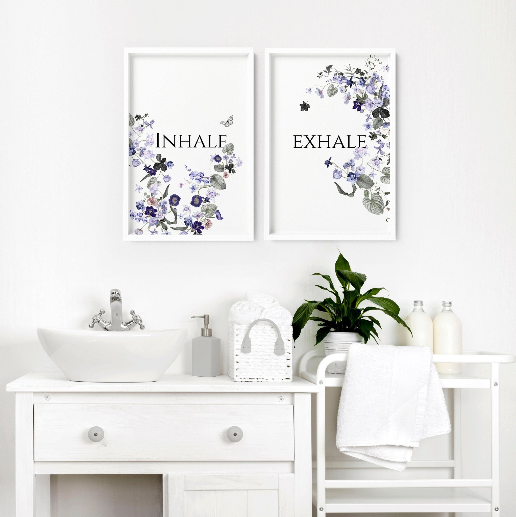 Set of 2 framed wall art prints featuring Shabby Chic floral designs in violet, lavender, lilac, and grey tones, perfect for bathroom decor.