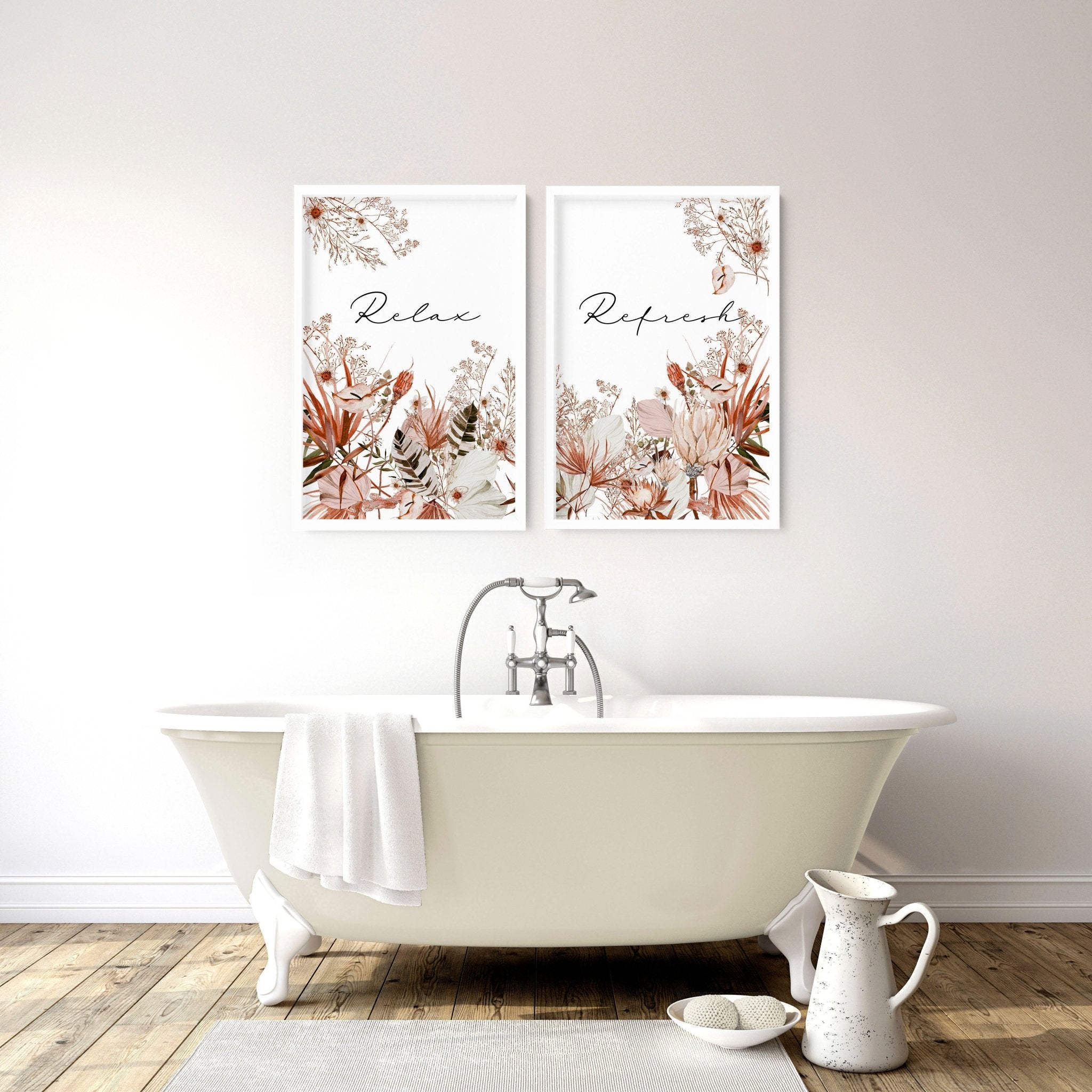 Set of 2 framed wall art prints featuring rustic designs, perfect for bathroom decor.