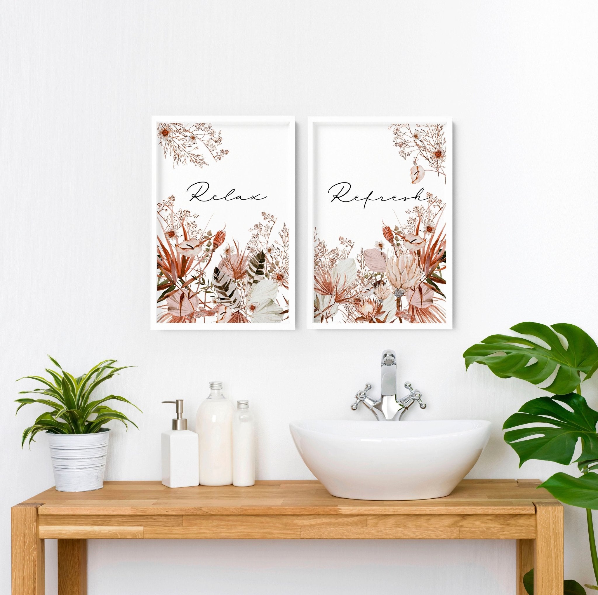 Set of 2 framed wall art prints featuring rustic designs, perfect for bathroom decor.