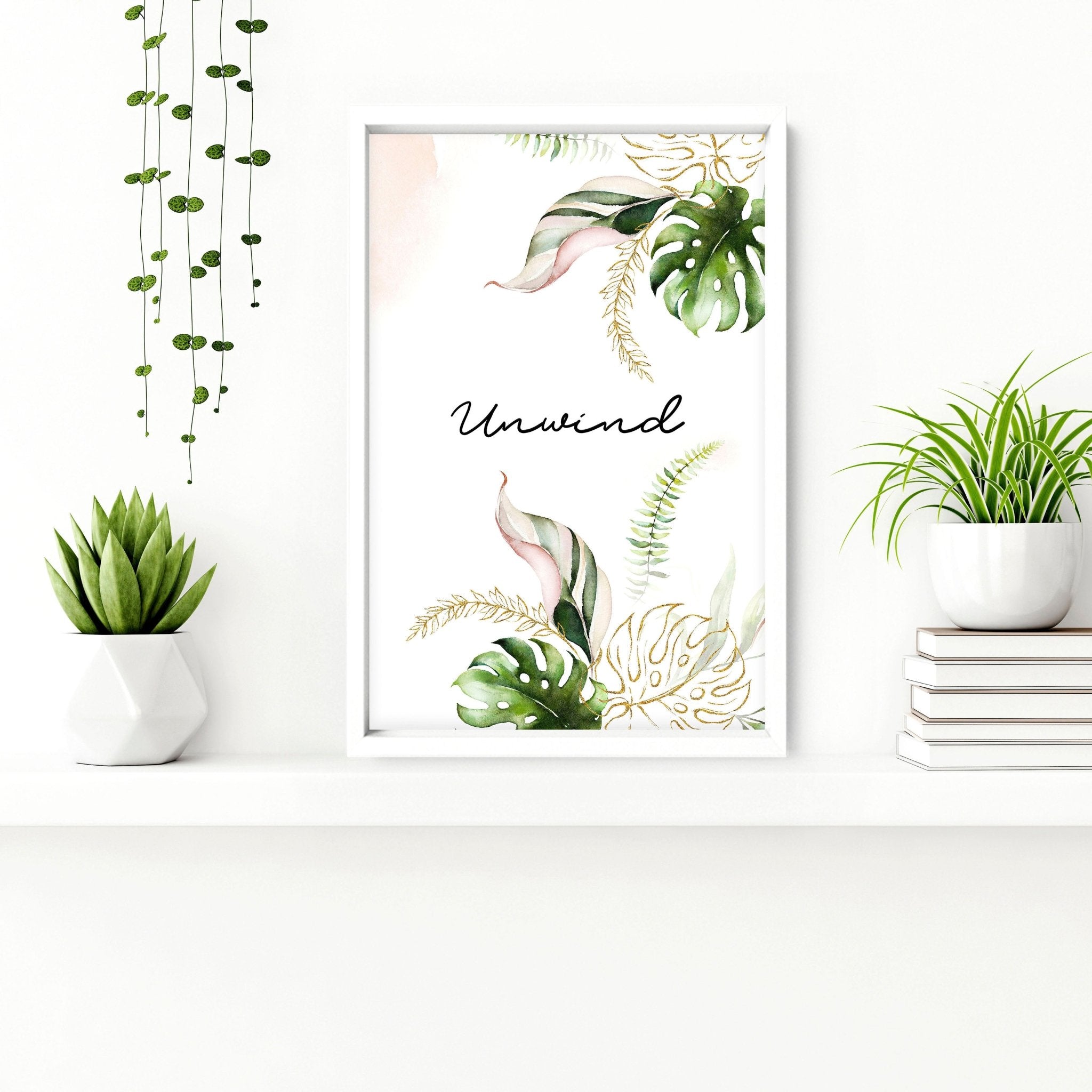 Set of 3 tropical wall art prints featuring palm leaves and exotic flowers in soft green, pink, and gold colors, perfect for bathroom decor.