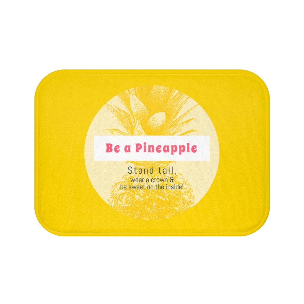 Be a Pineapple Positive Message Bath Mat with anti-slip backing, featuring a cheerful pineapple design in a soft microfiber material.