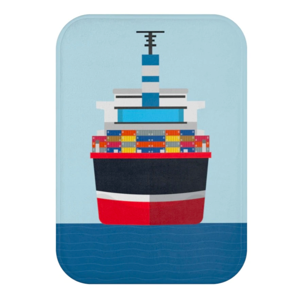 Cargo Ship In the Ocean Front Bath Mat featuring a nautical design with anti-slip backing and durable edges.