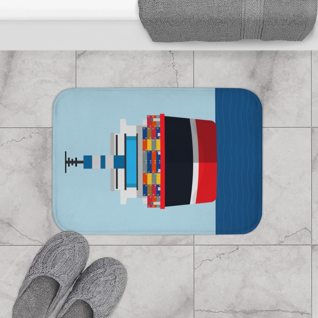 Cargo Ship In the Ocean Front Bath Mat featuring a nautical design with anti-slip backing and durable edges.