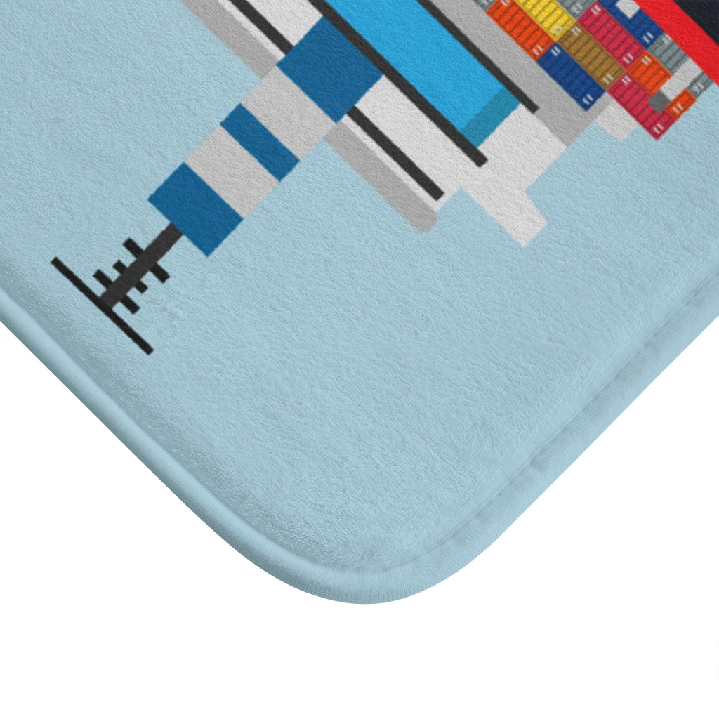 Cargo Ship In the Ocean Front Bath Mat featuring a nautical design with anti-slip backing and durable edges.