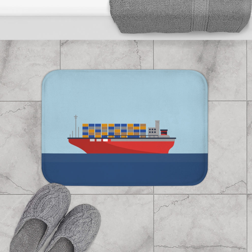 Cargo ship bath mat featuring colorful containers on the ocean, designed for safety and style.