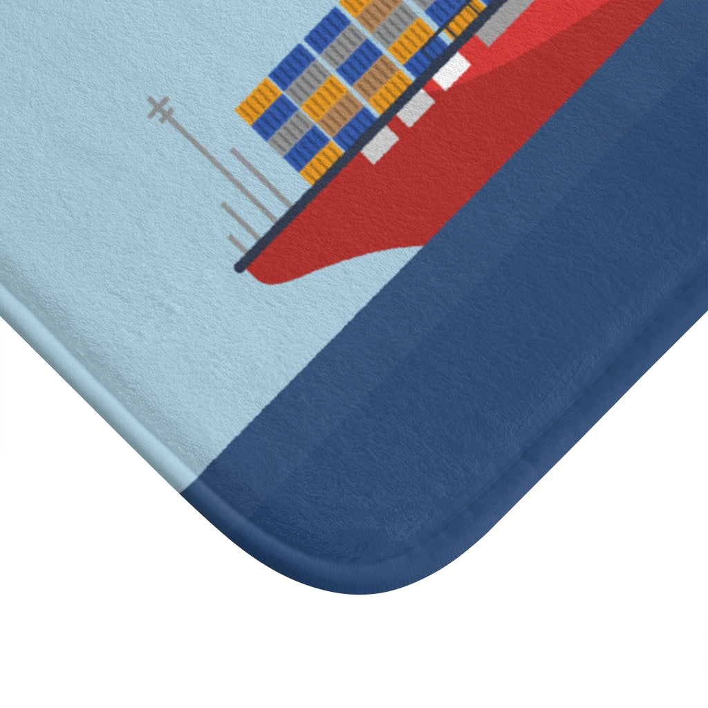 Cargo ship bath mat featuring colorful containers on the ocean, designed for safety and style.