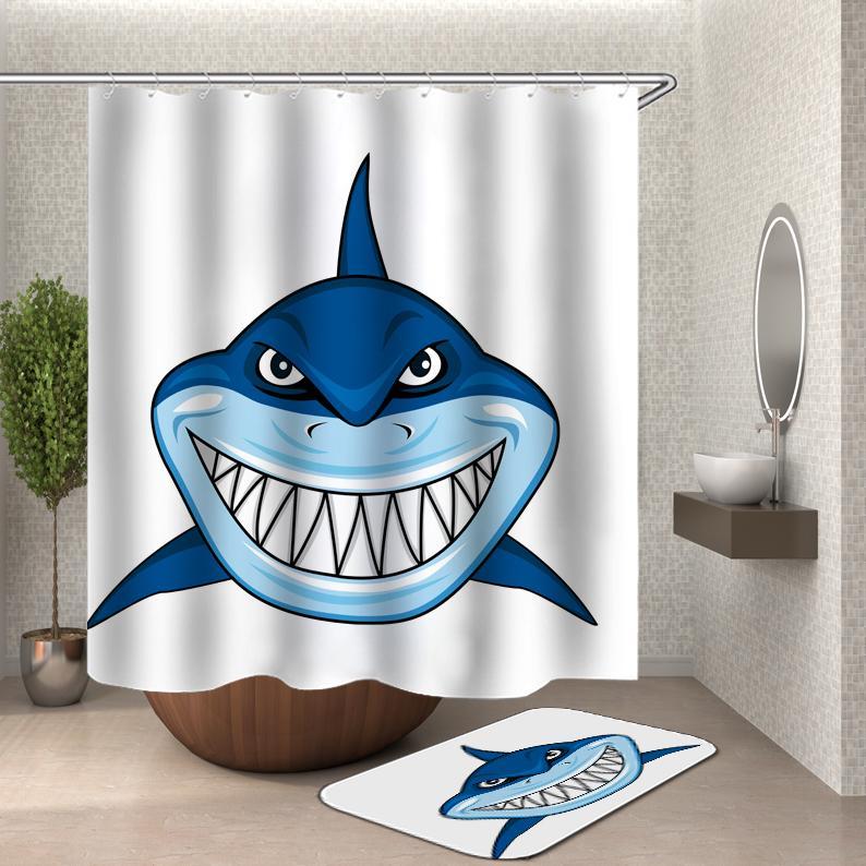 Shower curtain with cartoon shark.