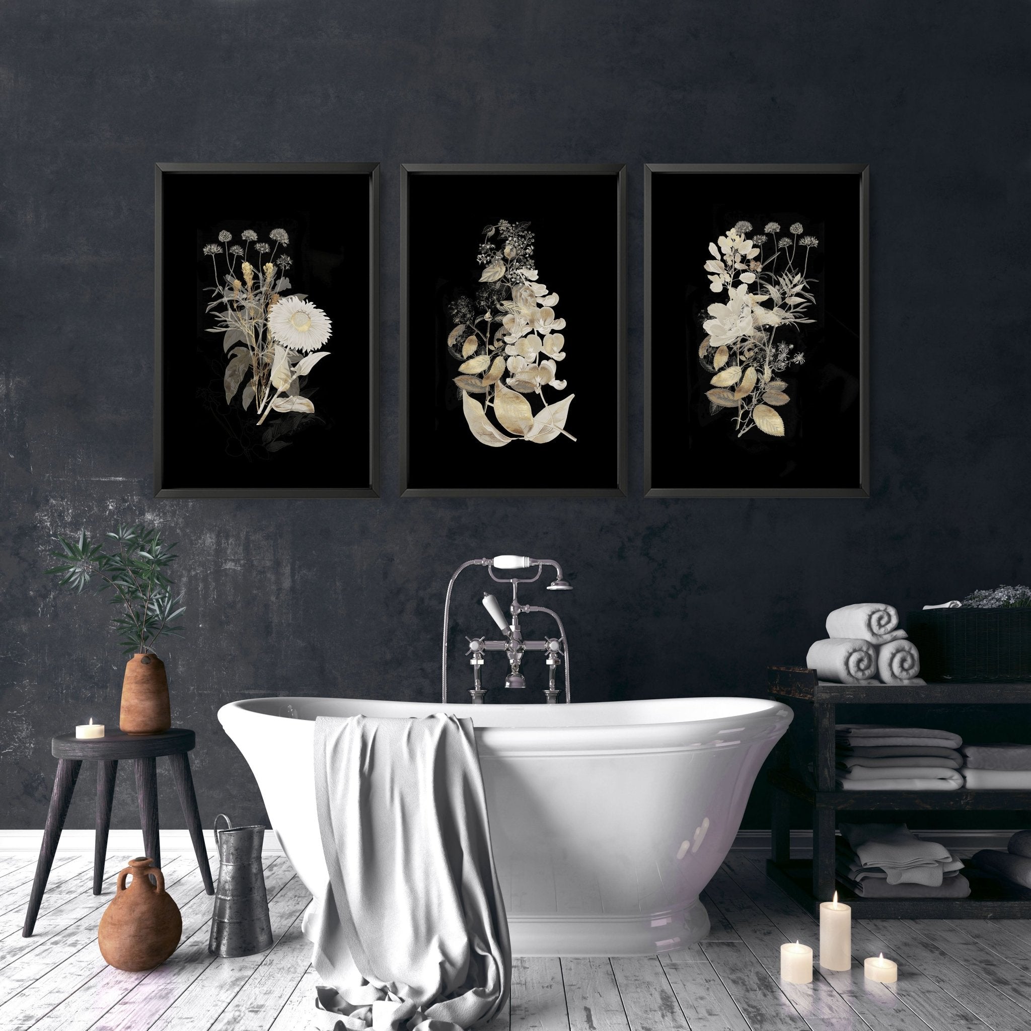 Set of 3 classy bathroom wall art prints featuring Dark Gold Botanical designs in black and gold colors, perfect for elegant bathroom decor.