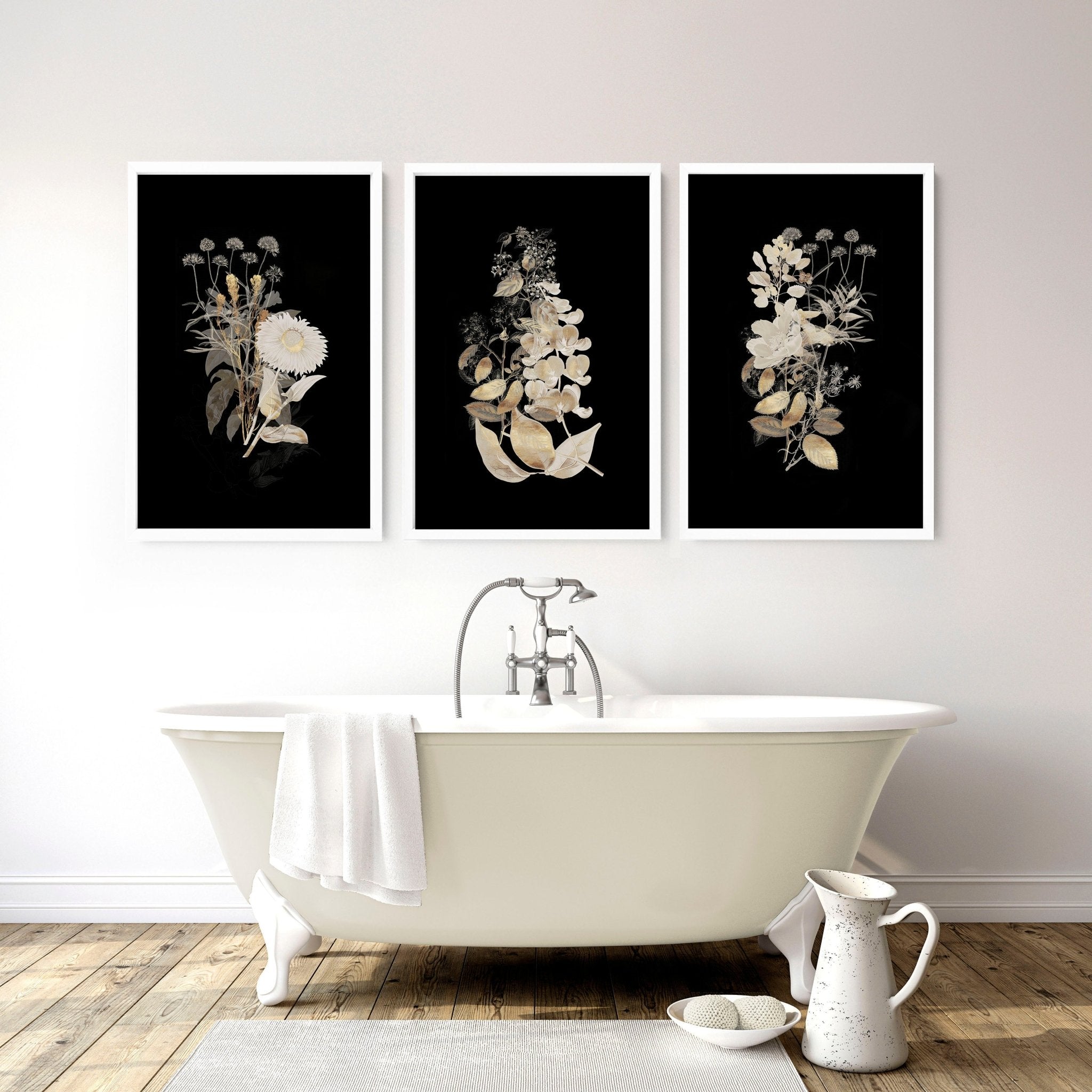 Set of 3 classy bathroom wall art prints featuring Dark Gold Botanical designs in black and gold colors, perfect for elegant bathroom decor.