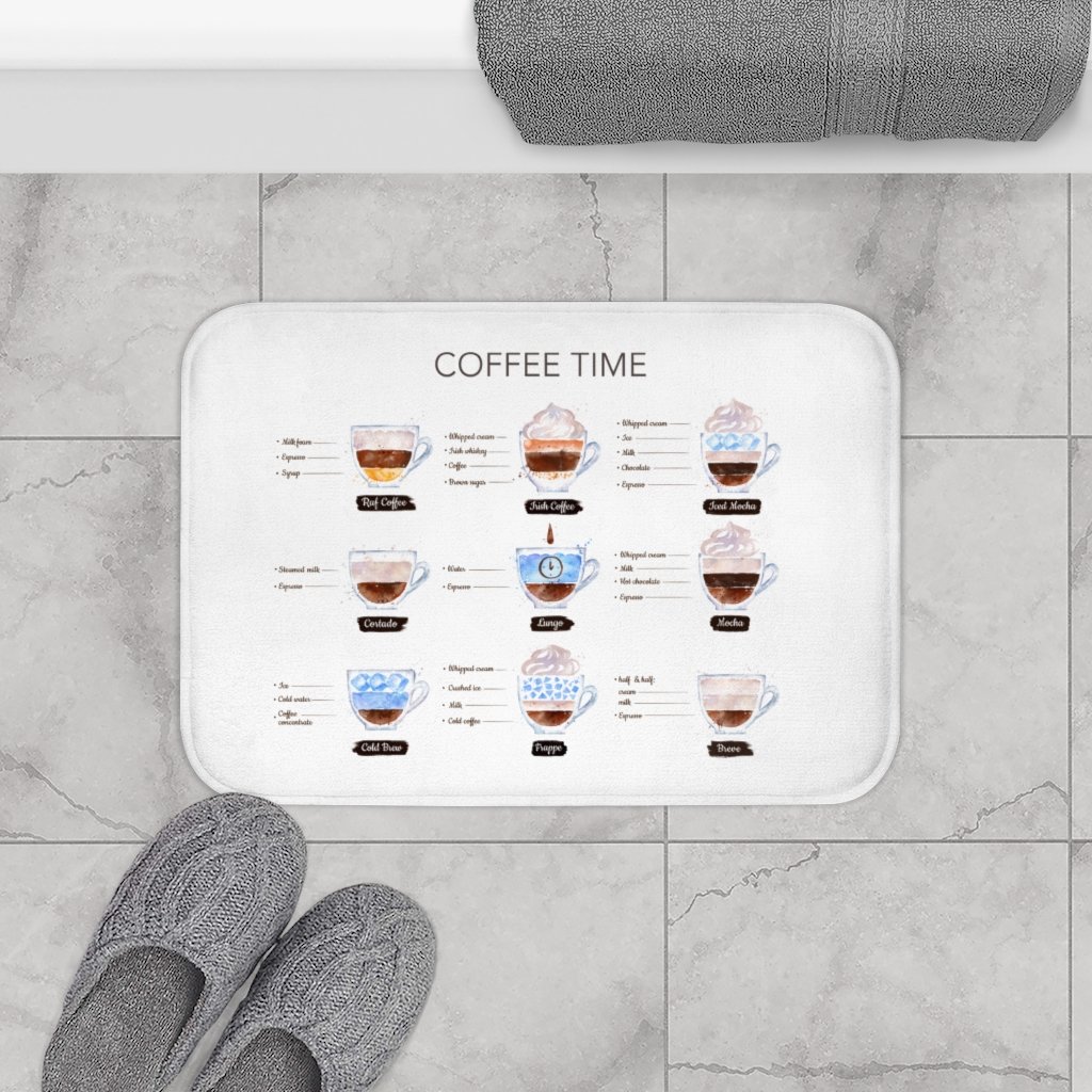 Coffee Time Drinks Bath Mat featuring a stylish coffee-themed design with anti-slip backing and durable edges.