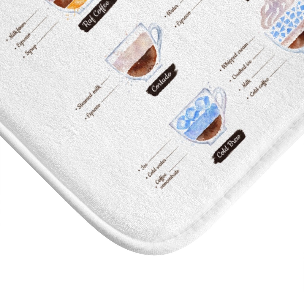 Coffee Time Drinks Bath Mat featuring a stylish coffee-themed design with anti-slip backing and durable edges.