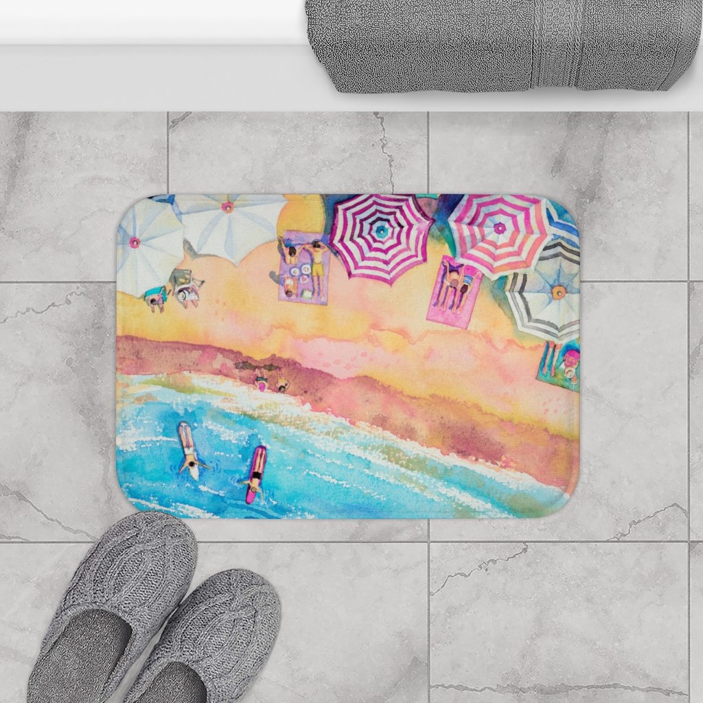 Colorful Day at the Beach Bath Mat featuring vibrant beach-themed design and anti-slip backing, perfect for bathroom decor.