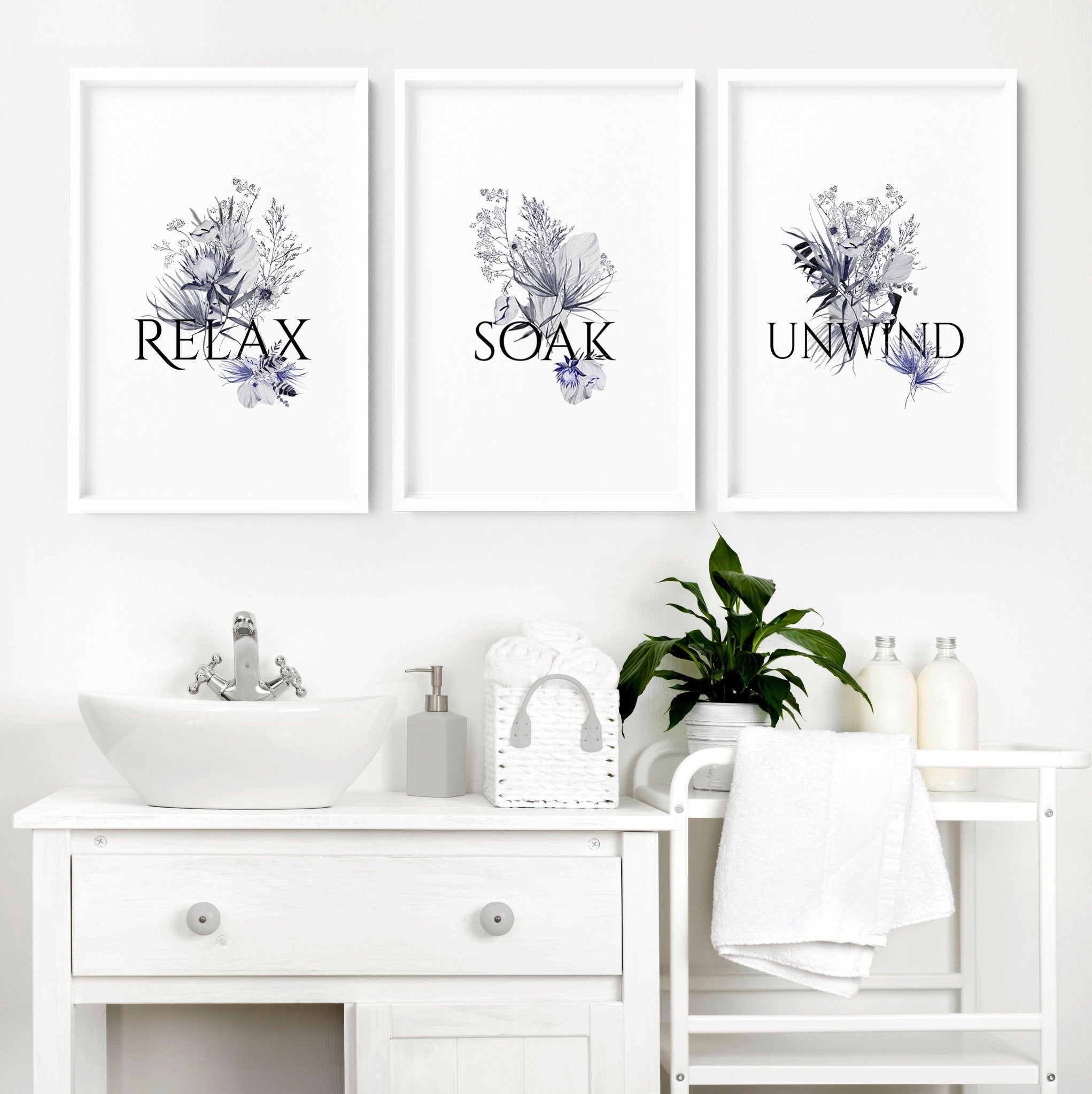 Set of 3 rustic wall art prints for country bathroom decor, featuring charming botanical designs on premium photo paper.