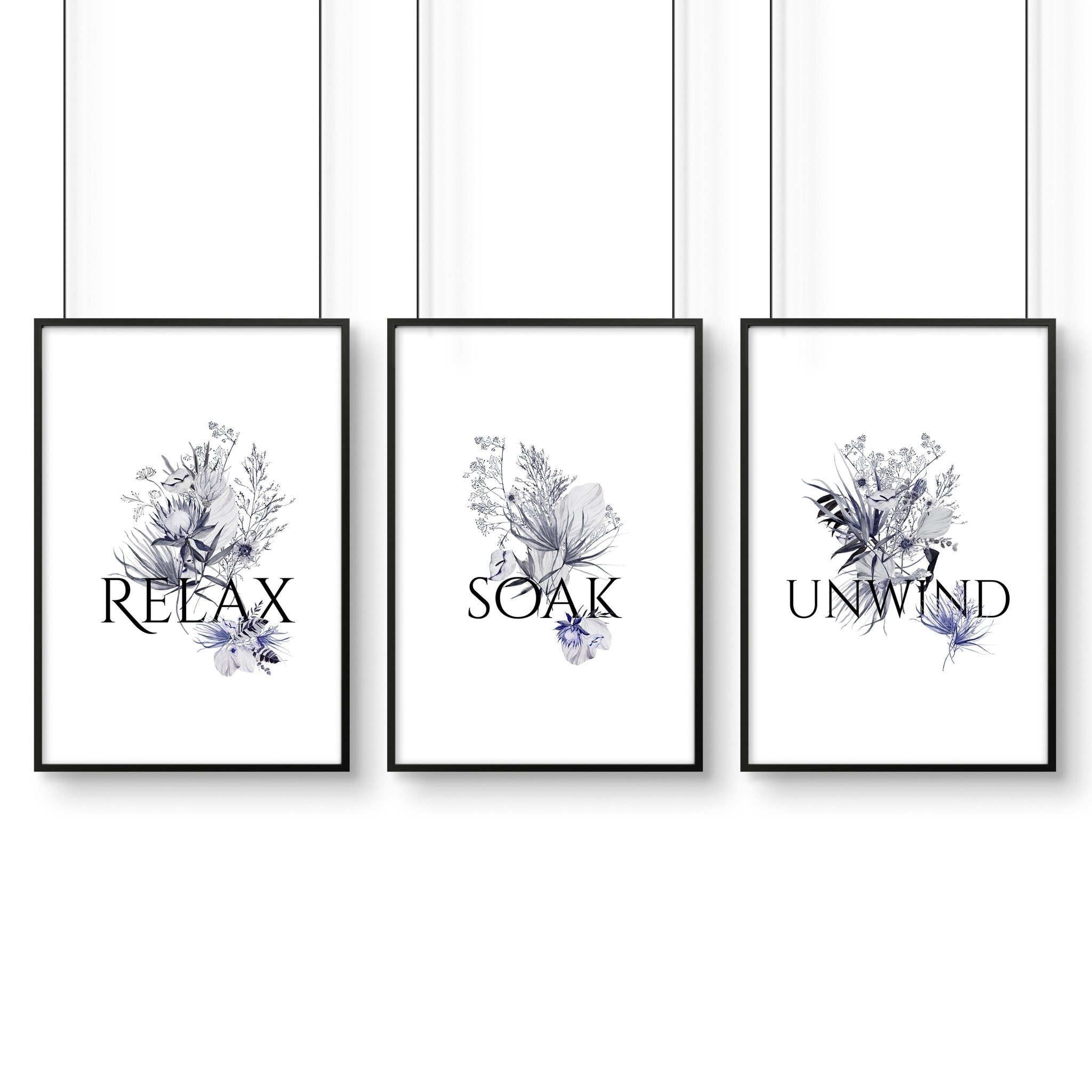 Set of 3 rustic wall art prints for country bathroom decor, featuring charming botanical designs on premium photo paper.