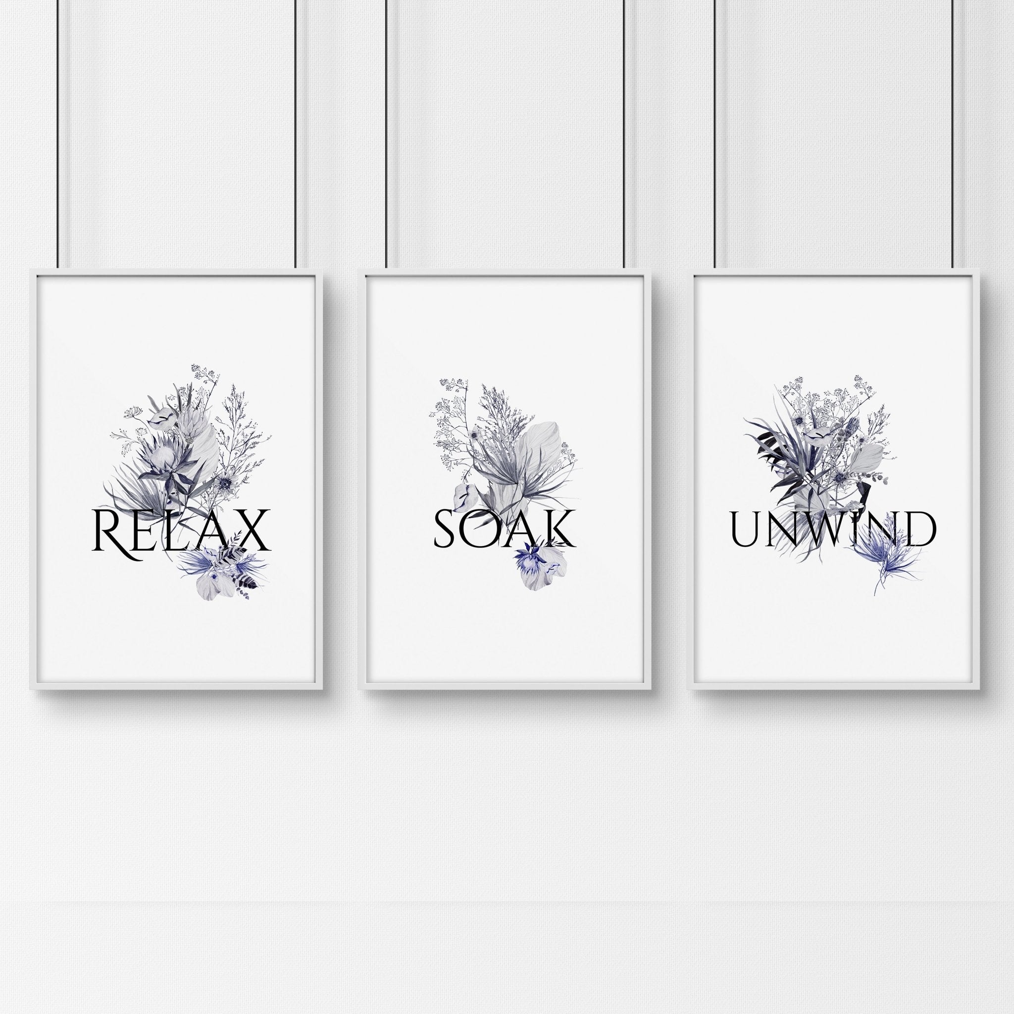 Set of 3 rustic wall art prints for country bathroom decor, featuring charming botanical designs on premium photo paper.