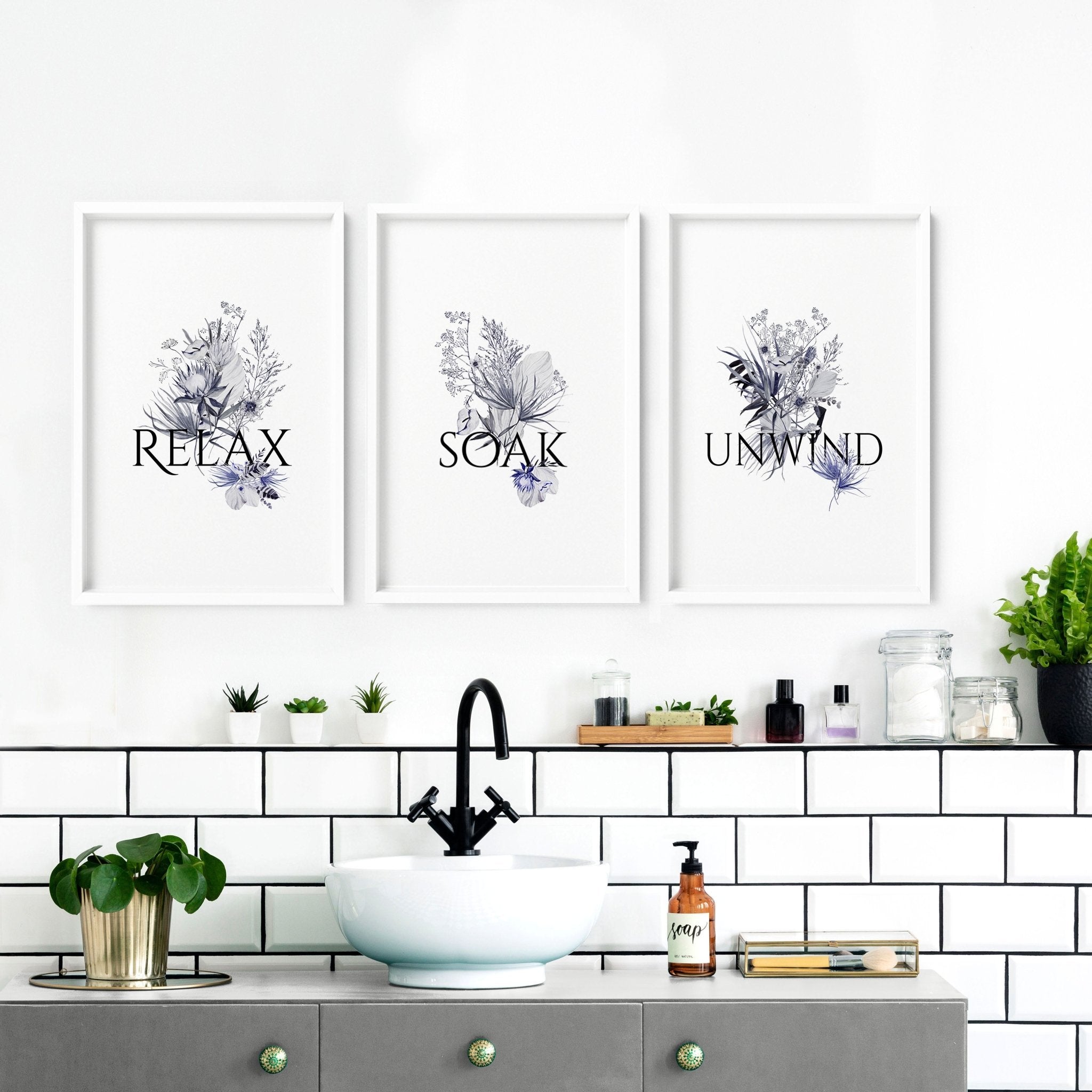 Set of 3 rustic wall art prints for country bathroom decor, featuring charming botanical designs on premium photo paper.