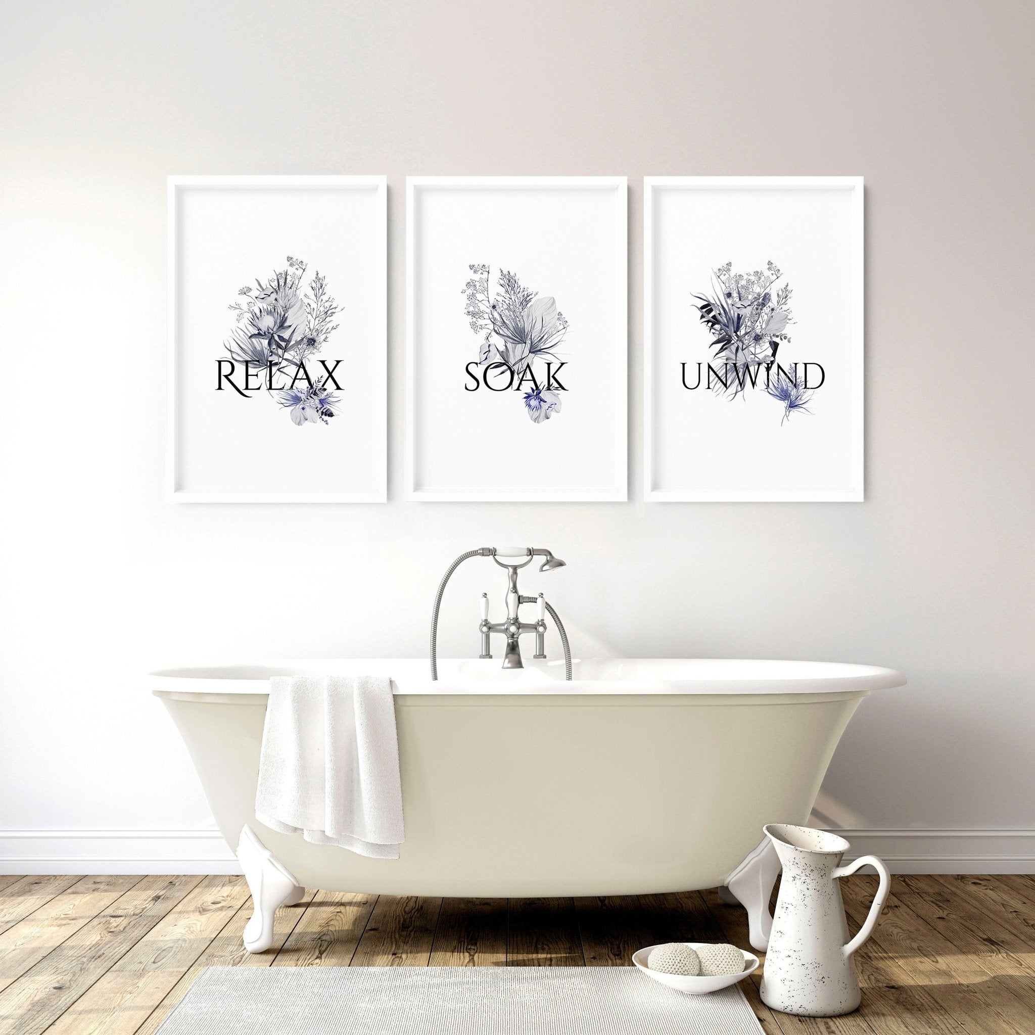 Set of 3 rustic wall art prints for country bathroom decor, featuring charming botanical designs on premium photo paper.