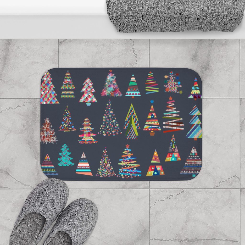 Festive Christmas Tree's Bath Mat featuring vibrant colors and anti-slip backing, perfect for holiday decor.
