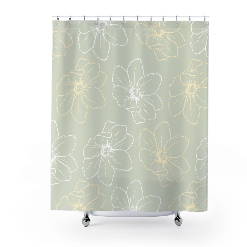 Green Floral Shower Curtain featuring vibrant floral patterns on a polyester fabric, designed for stylish bathroom decor.