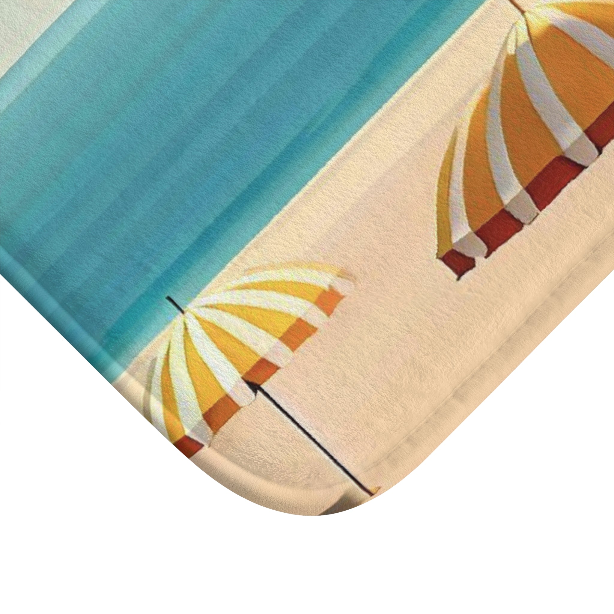Lazy Beach Days Bath Mat featuring a beach-themed design with anti-slip backing and soft microfiber material.