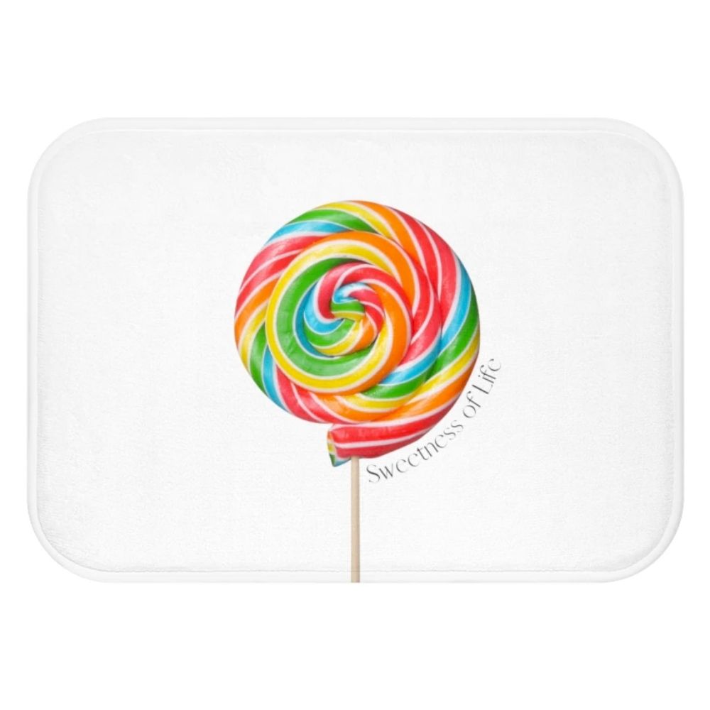 Lollipop Sweetness of Life Message Bath Mat in white with colorful design, featuring anti-slip backing and plush microfiber material.