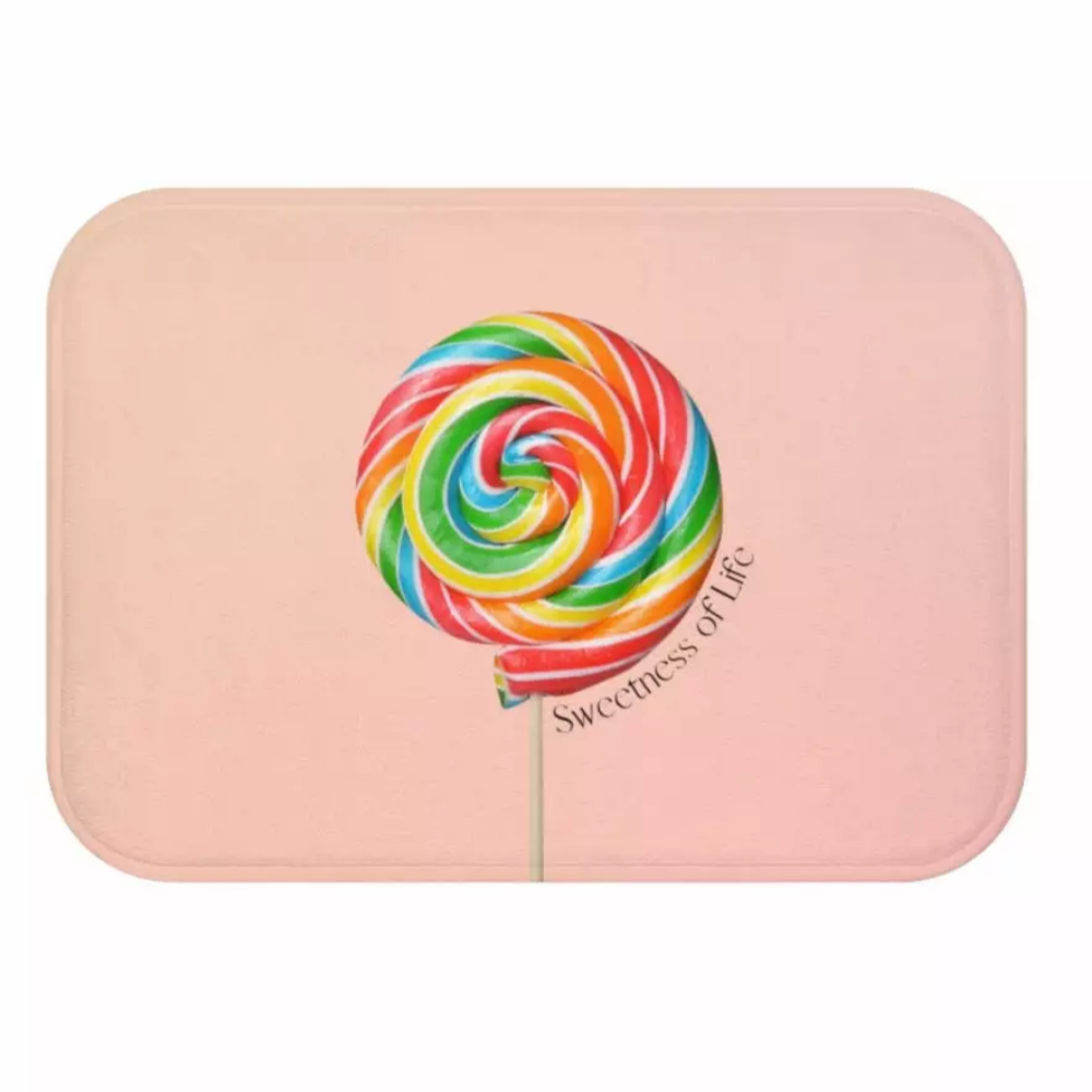 Lollipop Sweetness of Life Message Bath Mat with vibrant colors and playful design, featuring anti-slip backing and soft microfiber material.